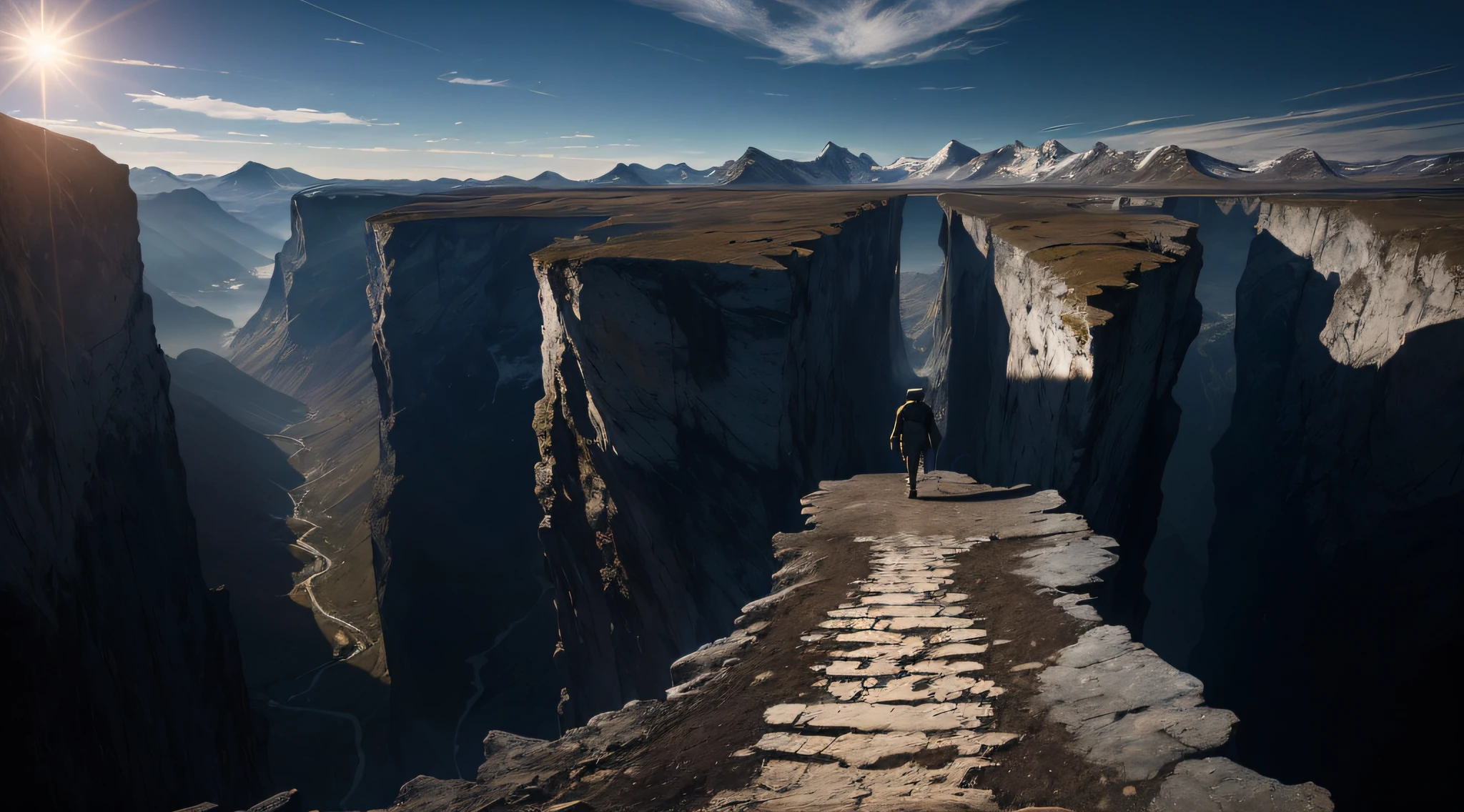 a man walks along a thin path on the sides of an abyss in front of mountains with the sun shining behind them