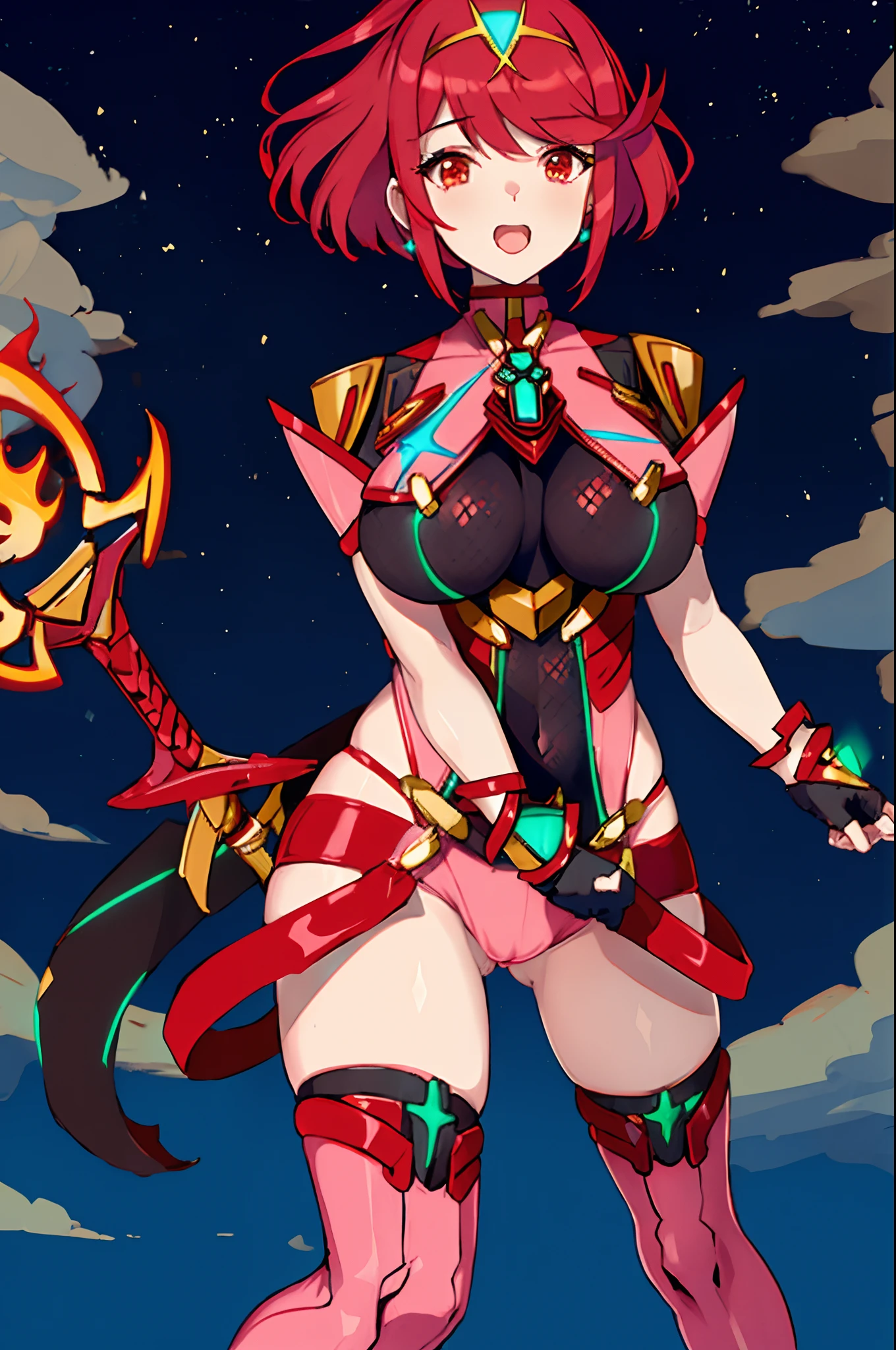 pyra \(xenoblade\), _1girl, loliarmor, bangs, black gloves, breasts, red eyes, closed mouth, earrings, eyelashes, fingerless gloves, floating hair, framed breasts, gem, gloves, hair ornament, headpiece, jewelry, big_breasts, leaning back, leotard, neon trim, official art, pose, red hair, red shorts, saitou masatsugu, short hair, short shorts, short sleeves, shorts, sidelocks, skin tight, solo, standing, swept bangs, thighhighs, tiara, night_prairie_background, turtleneck, underbust, vambraces, xenoblade chronicles \(series\), (xenoblade chronicles 2), apart_legs, fire_effect,dynamic_pose,fighting,light_smile, (plump:1.1), big_ass,huge_sword, hold_large_sword_hilt, solo, covered_nipples, (covered_pussy:1.2),cameltoe,open_mouth,back_view, fists,ponytail,plump,