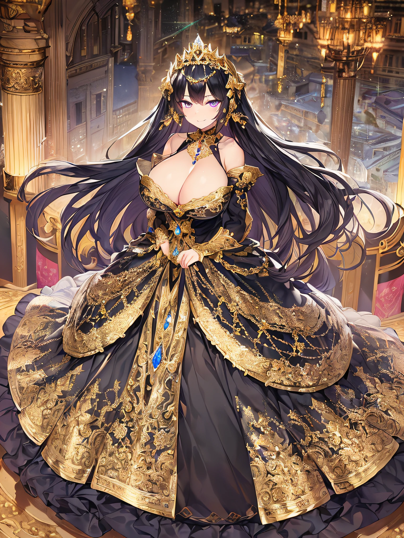 ((anime artstyle)),(Masterpiece),(Best Quality),(Super Detail),(Very Delicate and Beautiful),Solo,((full body)),((standing in the balcony,Overlooking a detailed night view,outdoor)),from above,BlingBling,((1 arrogant princess in beautiful embroidery black and gold gorgeous rococo ballgown with beautiful embroidery ruffled voluminous full length hoop skirt)),(crinoline),gorgeousfull embroidery,Long train,(((arrogant,haughty))),((arrogant smile)),Sharp eyes,(gorgeous gemstone jewelry),detailed face and eyes,jewel-like eyes,Purple eyes,(Bangs between eyes),((large amount of straight hair,extremely Long voluminous black Hair)),((gigantic tits,Long tits)),gorgeousfull embroidery,cleavage,extremely gorgeousfull hair ornament,(bling-bling extremely gorgeousfull jeweled tiara),gorgeous corsage,(Dynamic Angle),Looking at viewer,((full body)),outdoor,((beautiful embroidery and glitter jeweled black and gold gorgeous rococo ballgown with beautiful embroidery ruffled voluminous full length hoop skirt))