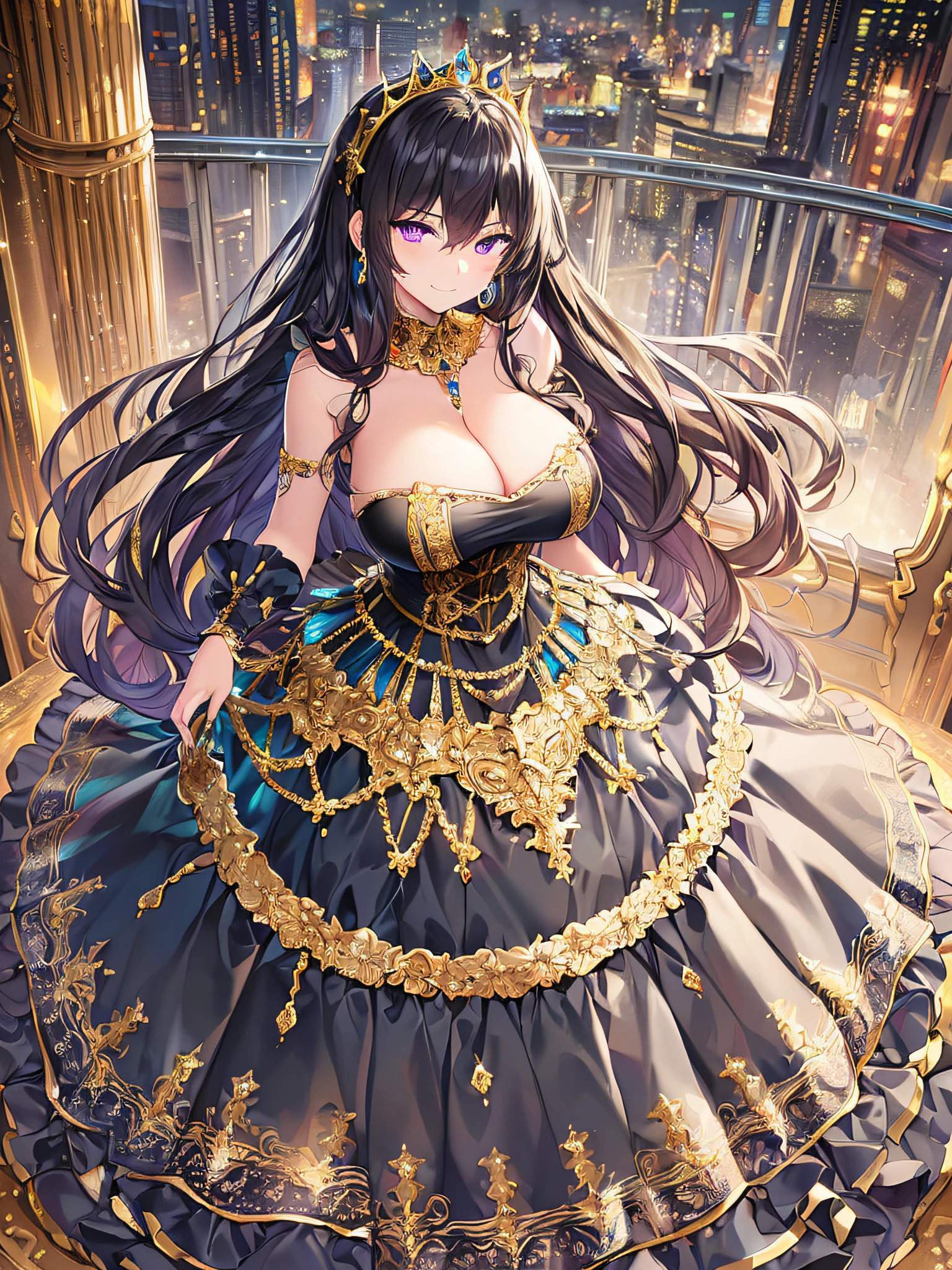 ((anime artstyle)),(Masterpiece),(Best Quality),(Super Detail),(Very Delicate and Beautiful),Solo,((full body)),((standing in the balcony,Overlooking a detailed night view,outdoor)),from above,BlingBling,((1 arrogant princess in beautiful embroidery black and gold gorgeous rococo ballgown with beautiful embroidery ruffled voluminous full length hoop skirt)),(crinoline),gorgeousfull embroidery,Long train,(((arrogant,haughty))),((arrogant smile)),Sharp eyes,(gorgeous gemstone jewelry),detailed face and eyes,jewel-like eyes,Purple eyes,(Bangs between eyes),((large amount of straight hair,extremely Long voluminous black Hair)),((gigantic tits,Long tits)),gorgeousfull embroidery,cleavage,extremely gorgeousfull hair ornament,(bling-bling extremely gorgeousfull jeweled tiara),gorgeous corsage,(Dynamic Angle),Looking at viewer,((full body)),outdoor,((beautiful embroidery and glitter jeweled black and gold gorgeous rococo ballgown with beautiful embroidery ruffled voluminous full length hoop skirt))