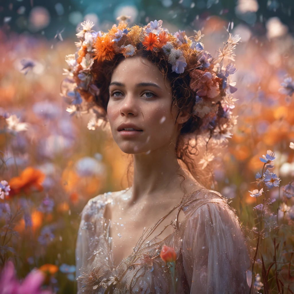 There is a woman standing in a field of flowers in the rain, uma deusa em um campo de flores, karol bak uhd, menina nas flores, Retrato da tempestade da flor, Frontal da menina em um campo da flor, Arte bonita UHD 4K, menina em um campo de flores, em um campo de flores, mulher nas flores, Arte digital altamente detalhada em 4k