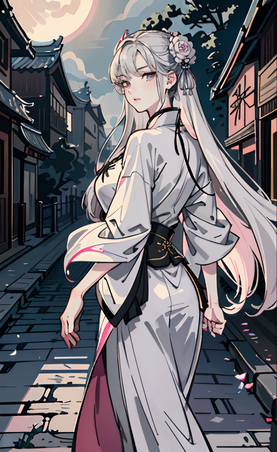 Masterpiece, Best quality, Night, full moon, 1 girl, Mature woman, Chinese style, Ancient China, Bigchest, Royal Sister, Cold expression, Shy face, Silver white long haired woman, Light pink lips, calm, Intellectual, tribelt, Gray pupils, , , flower ball background, Stroll through the street view，More realistic