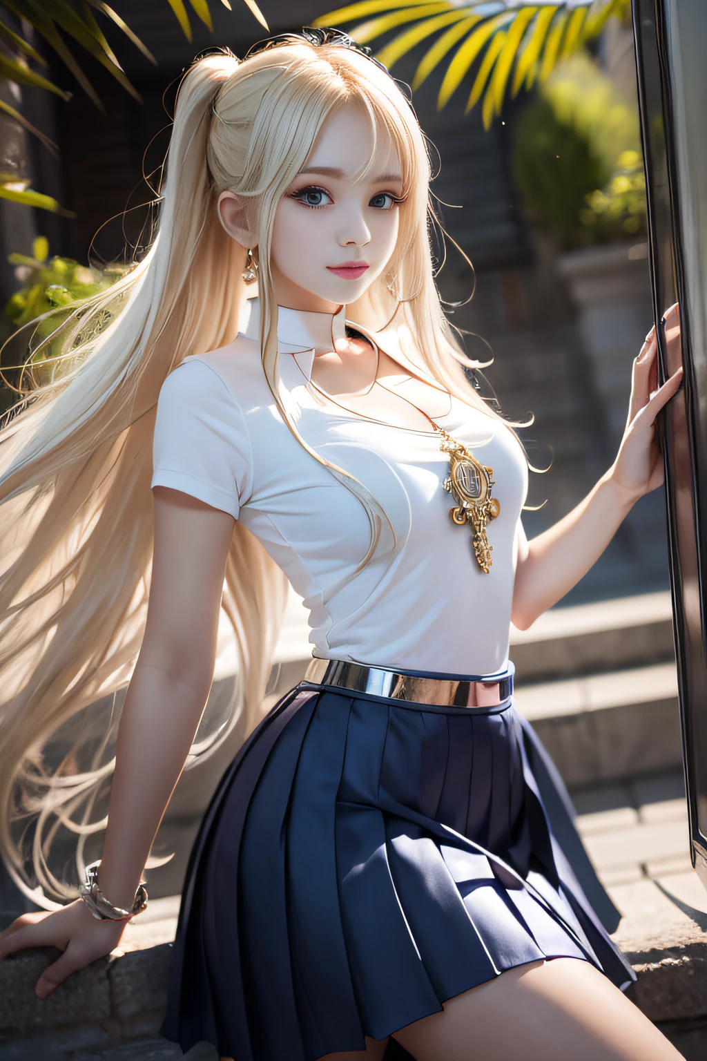bright expression、poneyTail、Young shiny shiny white shiny skin、Best Looks、Blonde reflected light、Platinum blonde hair with dazzling highlights、shiny light hair,、Super long silky straight hair、Beautiful bangs that shine、Glowing crystal clear attractive big blue eyes、Very beautiful nice cute girl、Lush bust,Beautiful detailed eyes, beautiful detailed nose,(( Full body:1.25)),Makeup that the eyes emphasize、((Pleated skirt with many folds)),(Women like Joan of Arc)、s Armor、Knights, With a sword and shield,Royal style,Comic style, , Sub-surface scattering, ornate detail, nature backdrop, Hyper-realistic, Cinematic, Dramatic Lighting, masutepiece