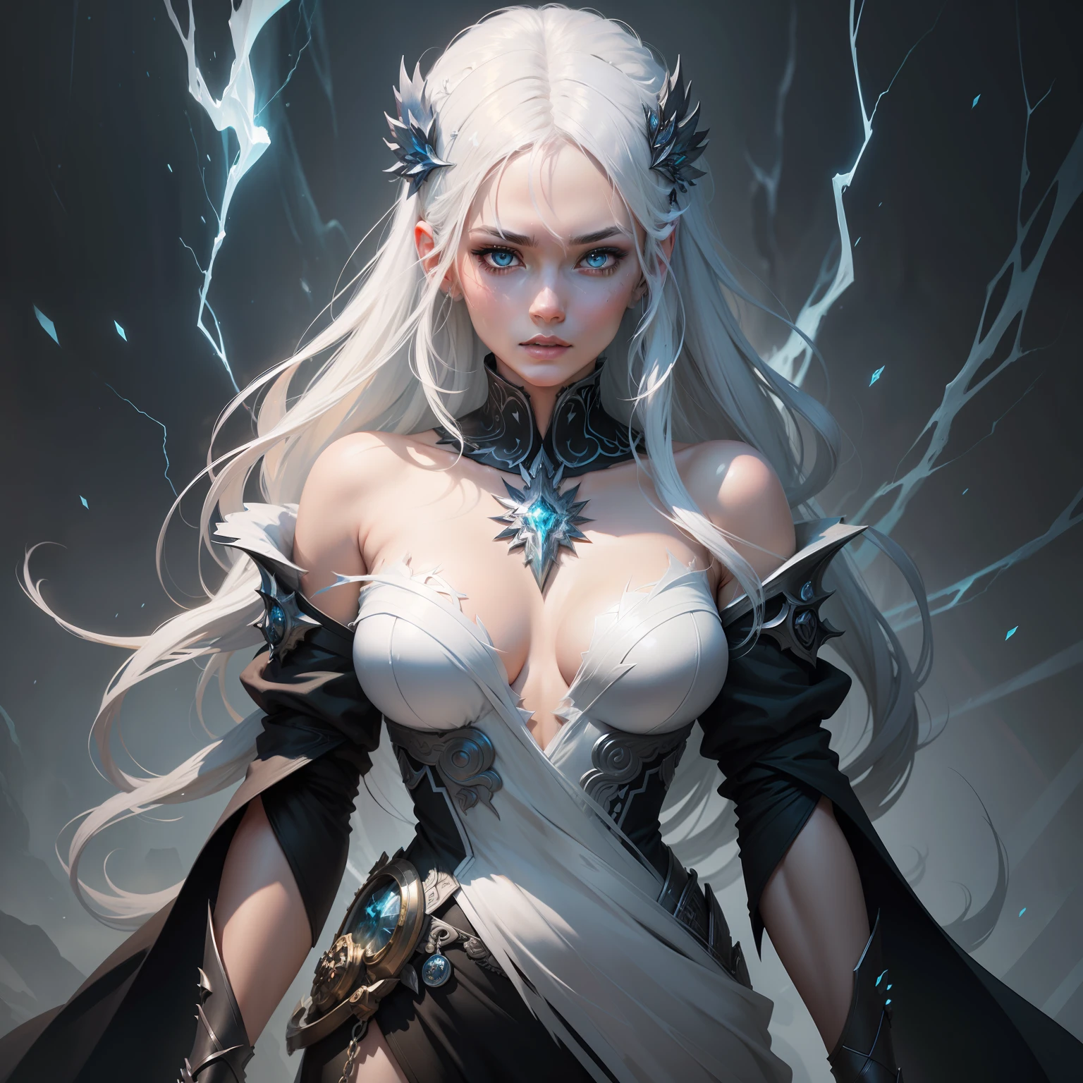An ice goddess with white hair and lightning surrounds her, Full body, Perfect face with soft skin and nice perfect face, concept art portrait by greg rutkowski, ArtGerm, hyperdetailed intricately detailed gothic art trending on artstation triadic colors, Fantastical, intricate detailes, Splash Screen, Complementary color scheme, Fantasy concept art, 8K resolution, deviantart masterpiece, Oil Painting, heavy strokes,