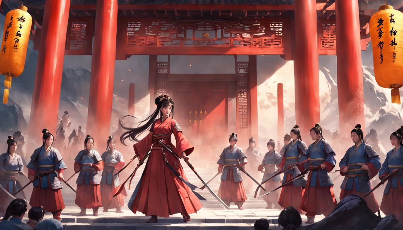A woman in a red Han costume holds a sword in front of a group of soldiers in armor。, Hold the hilt of the sword in your hand, xianxia fantasy, Wuxia, full-body wuxia, Hanfu, xianxia hero, inspired by Du Qiong, Chinese fantasy, three kingdom, Palace, A girl in Hanfu, Aegis, The costumes are exquisite, Beautiful face, Dignified, vibrancy, hair adornments, hyper HD, gallant woman, heroic look, Ginkgo biloba floating in the air, flame of war, Several arrows flew in the air, The background is a palace, Chiaroscuro, Cinematic lighting, Anatomically correct, Textured skin, Masterpiece, 4K