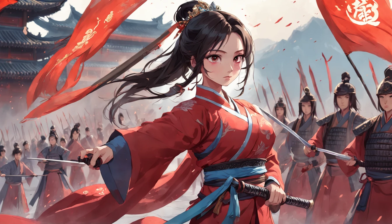 A woman in a red Han costume holds a sword in front of a group of soldiers in armor。, Hold the hilt of the sword in your hand, xianxia fantasy, Wuxia, full-body wuxia, Hanfu, xianxia hero, inspired by Du Qiong, Chinese fantasy, three kingdom, Palace, A girl in Hanfu, Aegis, The costumes are exquisite, Beautiful face, Dignified, vibrancy, hair adornments, hyper HD, gallant woman, heroic look, Ginkgo biloba floating in the air, flame of war, Several arrows flew in the air, The background is a palace, Chiaroscuro, Cinematic lighting, Anatomically correct, Textured skin, Masterpiece, 4K