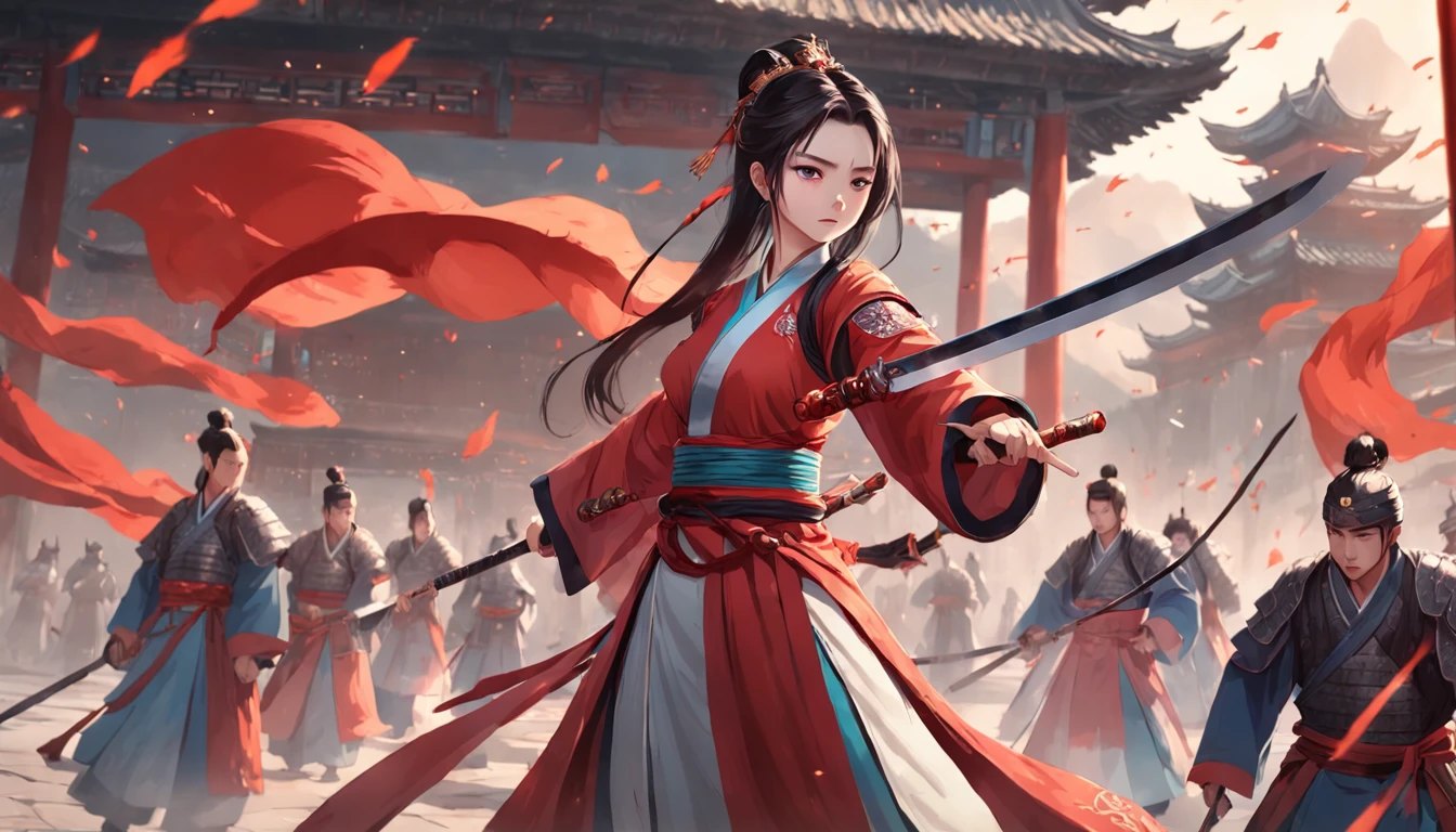 A woman in a red Han costume holds a sword in front of a group of soldiers in armor。, Hold the hilt of the sword in your hand, xianxia fantasy, Wuxia, full-body wuxia, Hanfu, xianxia hero, inspired by Du Qiong, Chinese fantasy, three kingdom, Palace, A girl in Hanfu, Aegis, The costumes are exquisite, Beautiful face, Dignified, vibrancy, hair adornments, hyper HD, gallant woman, heroic look, Ginkgo biloba floating in the air, flame of war, Several arrows flew in the air, The background is a palace, Chiaroscuro, Cinematic lighting, Anatomically correct, Textured skin, Masterpiece, 4K