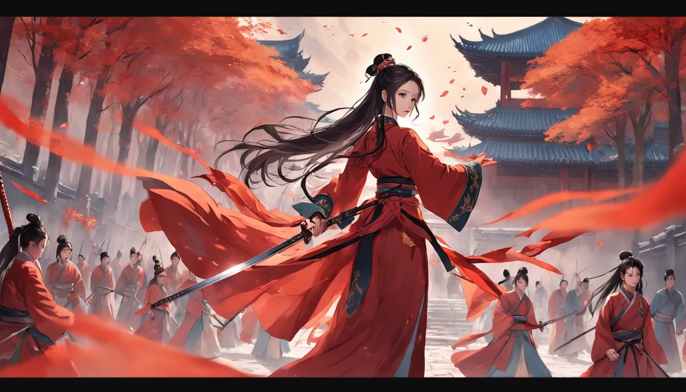 A woman in a red Han costume holds a sword in front of a group of soldiers in armor。, Hold the hilt of the sword in your hand, xianxia fantasy, Wuxia, full-body wuxia, Hanfu, xianxia hero, inspired by Du Qiong, Chinese fantasy, three kingdom, Palace, A girl in Hanfu, Aegis, The costumes are exquisite, Beautiful face, Dignified, vibrancy, hair adornments, hyper HD, gallant woman, heroic look, Ginkgo biloba floating in the air, flame of war, Several arrows flew in the air, The background is a palace, Chiaroscuro, Cinematic lighting, Anatomically correct, Textured skin, Masterpiece, 4K