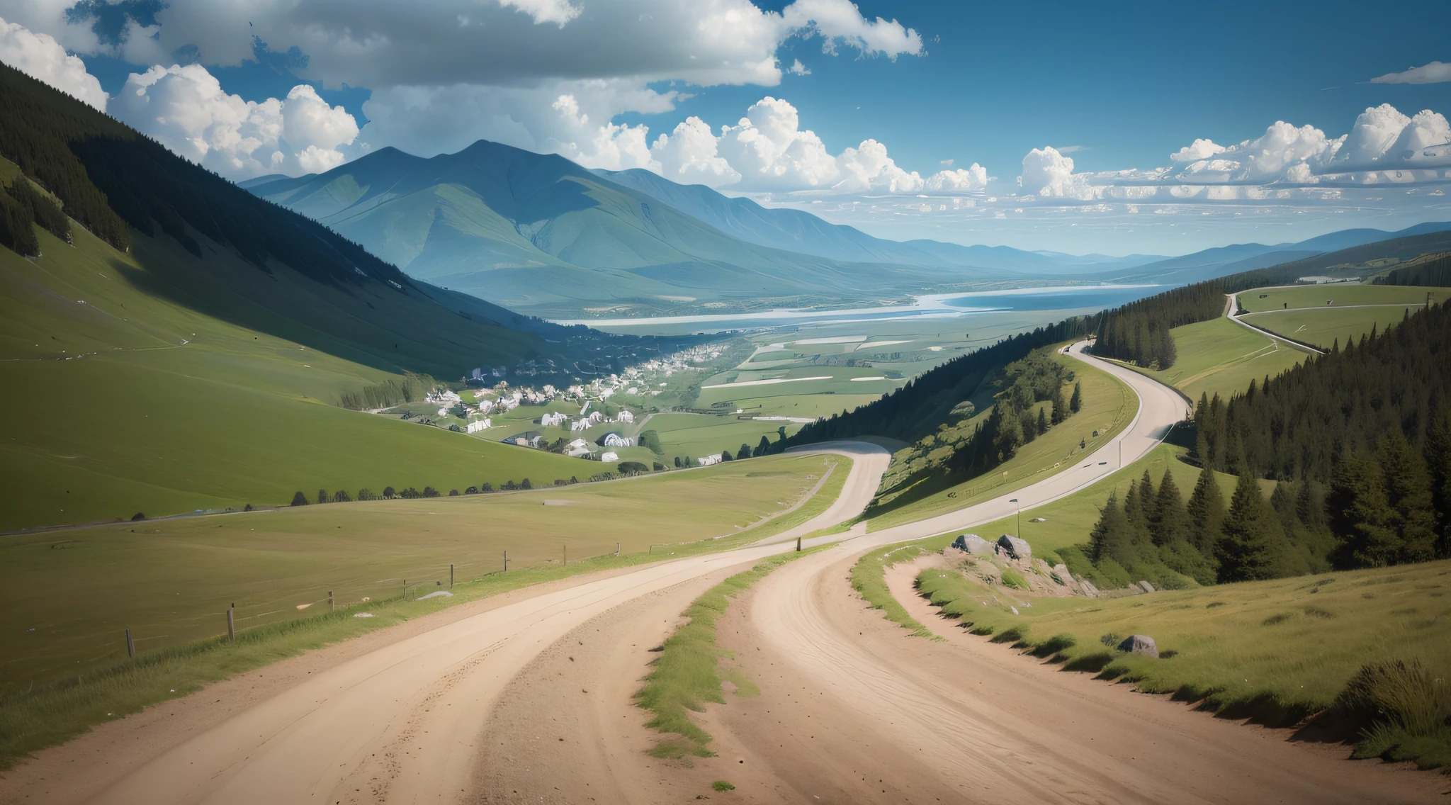 There is a dirt road winding through the meadows, hilly road, landslide road, road between hills, Large path, dirt road, a wide full shot, hills in the background, a road leading to the lighthouse, the road is accessible, Ligt Trail, in the distance is a rocky hill, Downhill view, Long dirt roads, paved roads