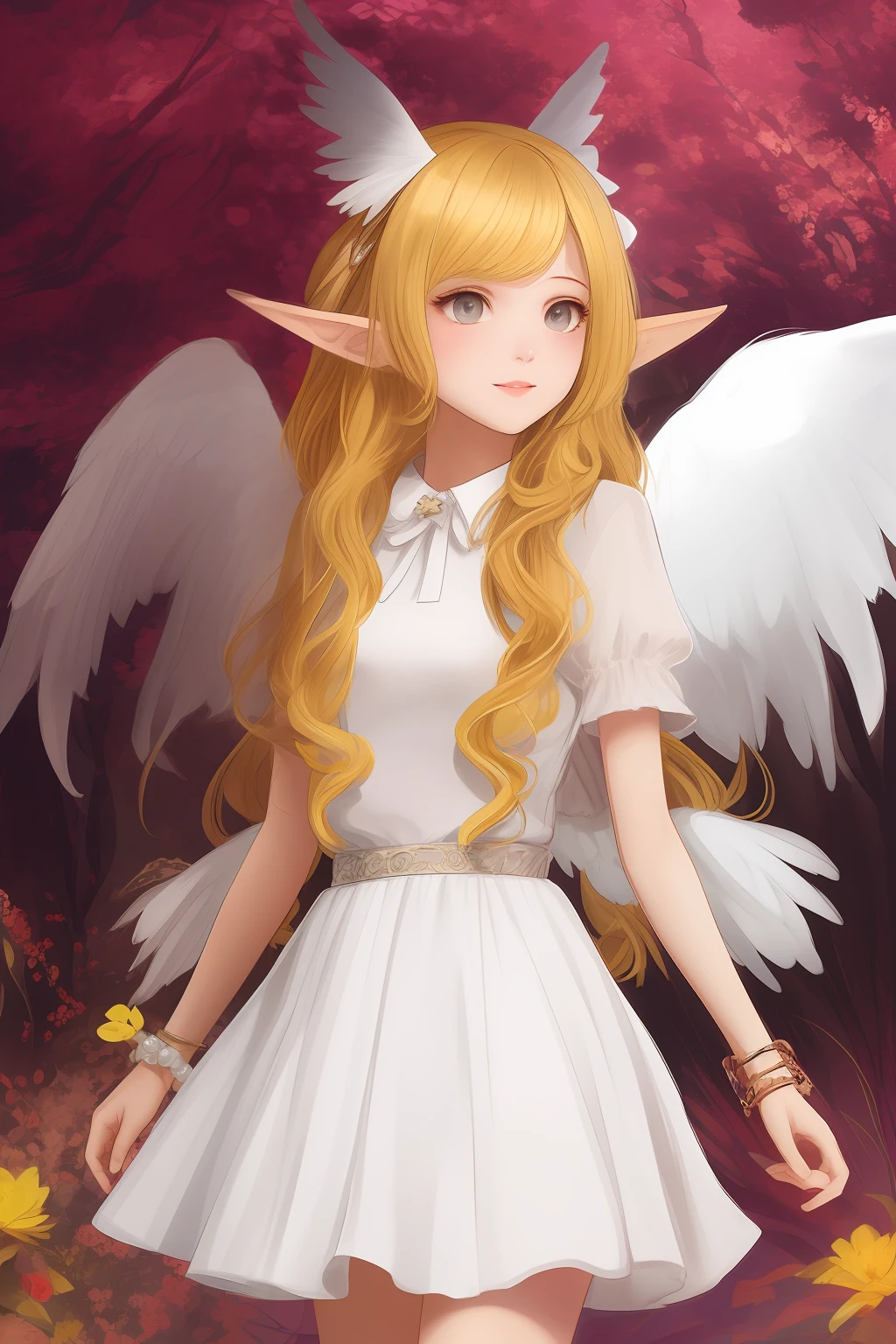 Elf wings,Long curly yellow hair,White puffy skirt,Bow knot,Pearl bracelet,Star collar,Cute vivid image,Two-dimensional girl,
