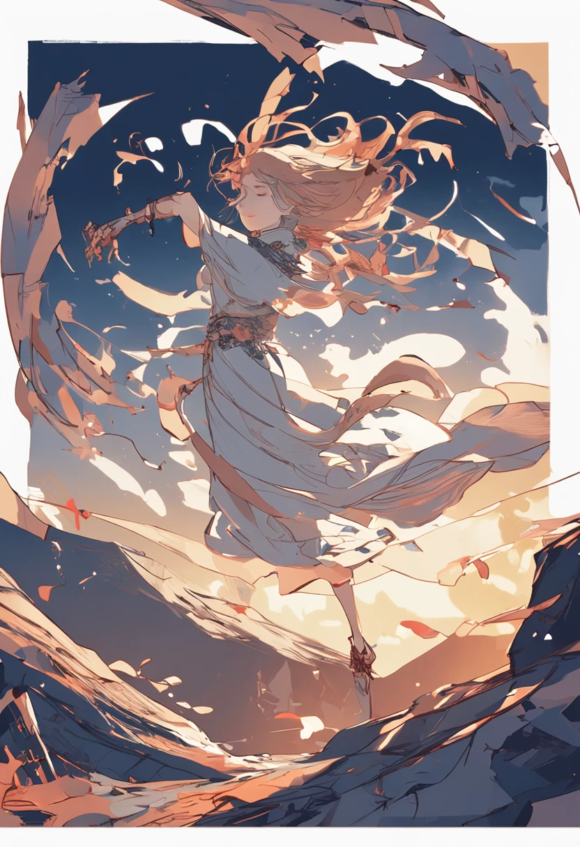 Woman dancing in silhouette、(light_Smile:1.2),Viola、mountain ranges、sea of clouds、the morning sun、wanting、grand、(1womanl:1.2),Giant Swing、Fly over the mountains,)devastated,Shining Weapon,Dynamic Angle, Splash Art, [(Art Book: Art Book: Art Book. Art Book.:0.8)|Art by Lyubov Popova], Octane Render, Official art, Unity 8K Official Art, Unity 8k壁纸, ultra-detailliert, Beautiful and aesthetic, (Zentangle, mandalas, Tangle, Entangle), Extremely detailed, Dynamic Angle, cowboyshot, Most Beautiful Form of Chaos, Elegant, a brutalist designed, vivd colour, romanticism, by james jean, roby dwi antono, by Ross Tran, Francis Bacon, michal mraz, Adrian Ghenny, petra cortright, Gerhard Richter, Takato Yamamoto, Ashley Wood, Atmospheric, ecstasy of musical notes, streaming musical notes visible,Sun Knight,