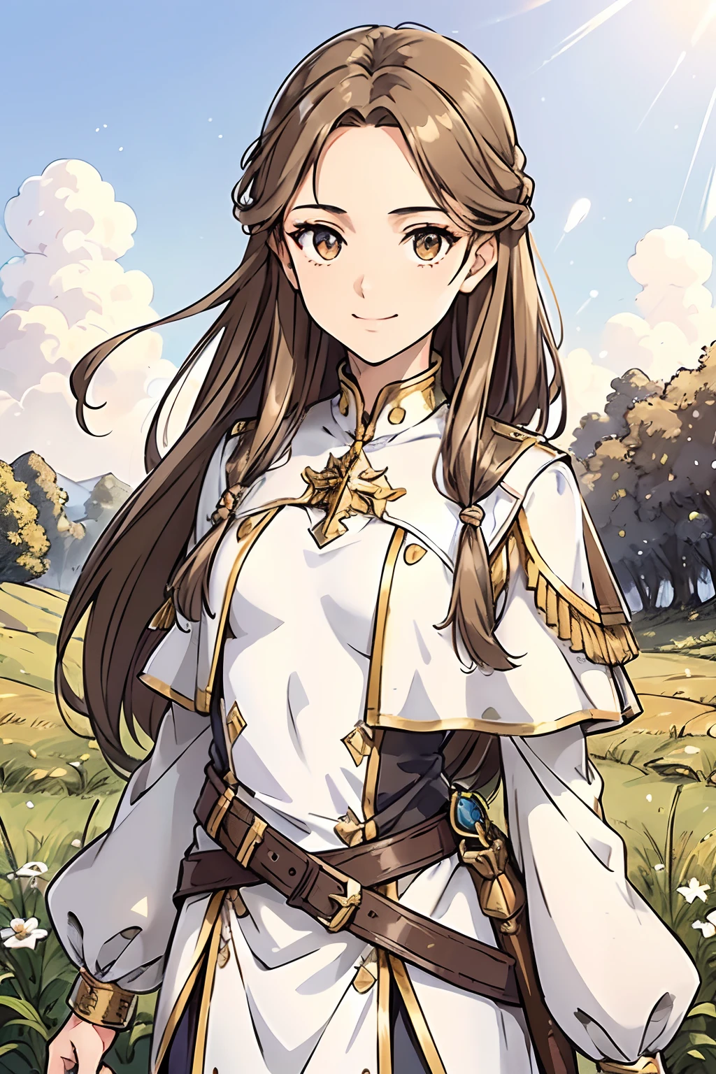Adventurers Uniform, white and gold clothing 20 years, European face structure, German face structure, light brown hair, short to mid long hair, beautiful hair, straight hair, brown eyes, striking light brown eyes, natural beauty, smile, small chest, masterpiece, fields background, dirt path background, adventurer world