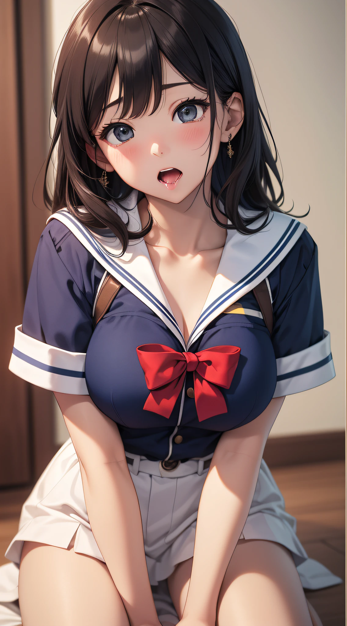 top-quality、Photorealsitic、8K picture quality、hight resolution、女の子 1 人、、Ami Mizuno、Sailor Mercury、Half-taken uniform、Unbuttoned exposed breasts、Kneel in front of the screen、Suck the tip of 、Hold with both hands、Surprised expression、Staring with upturned eyes、Blushing、 In the mouth、Close-up on the face、Shot from the top of the head