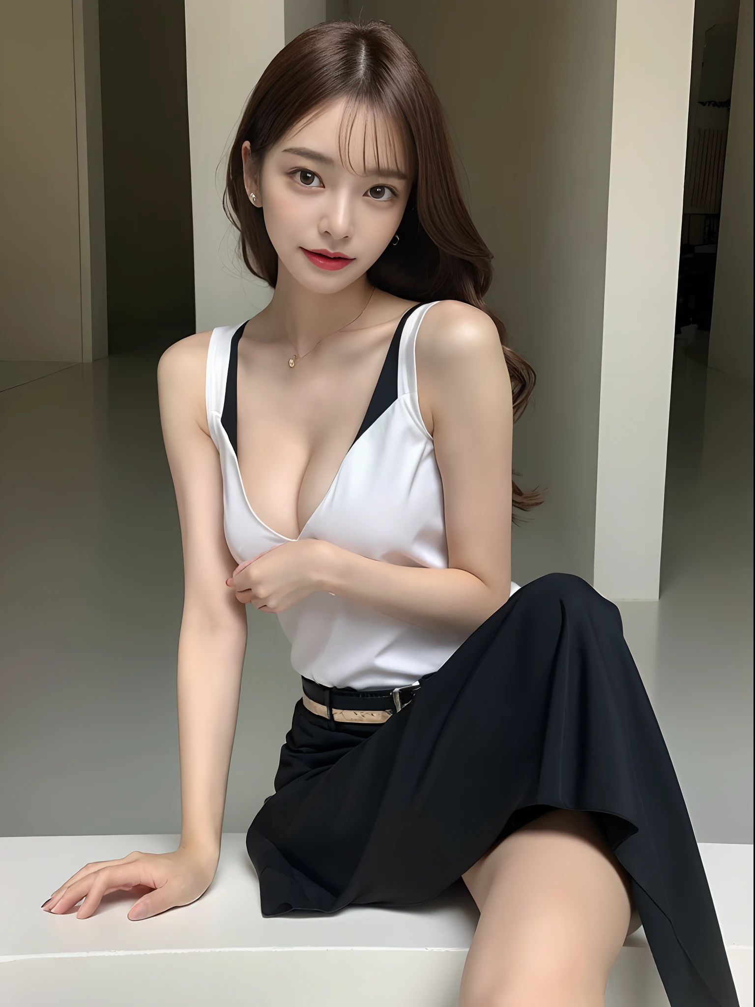 1girl in, NSFW,Spread legs,(masturbation, Bullet Vibrator:1.1)(Best Quality, High resolution, masutepiece :1.3), A tall and pretty woman, Slender Abs, Dark brown hair styled in loose waves, Large breasts,  Standing, cleavage of the breast, wearing pendant, White button up shirt, Belt bag, Black skirt, (Modern architecture in background), Details exquisitely rendered in the face and skin texture, Detailed eyes, 二重まぶた