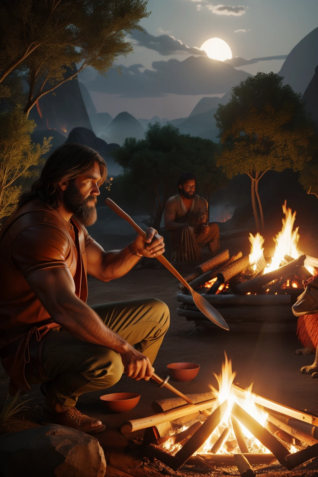 Illustration of a caveman wearing only animal leather clothing preparing his food over a fire. The man is holding a wooden spoon and stirring the food he's cooking inside a clay pot placed on top of the fire. The scene is set outside a cave, with dinosaurs casually passing in the background. The sky is reddish-orange, and native trees and ground cover plants make up the scene. Ultra-realistic, intricate, 8K.