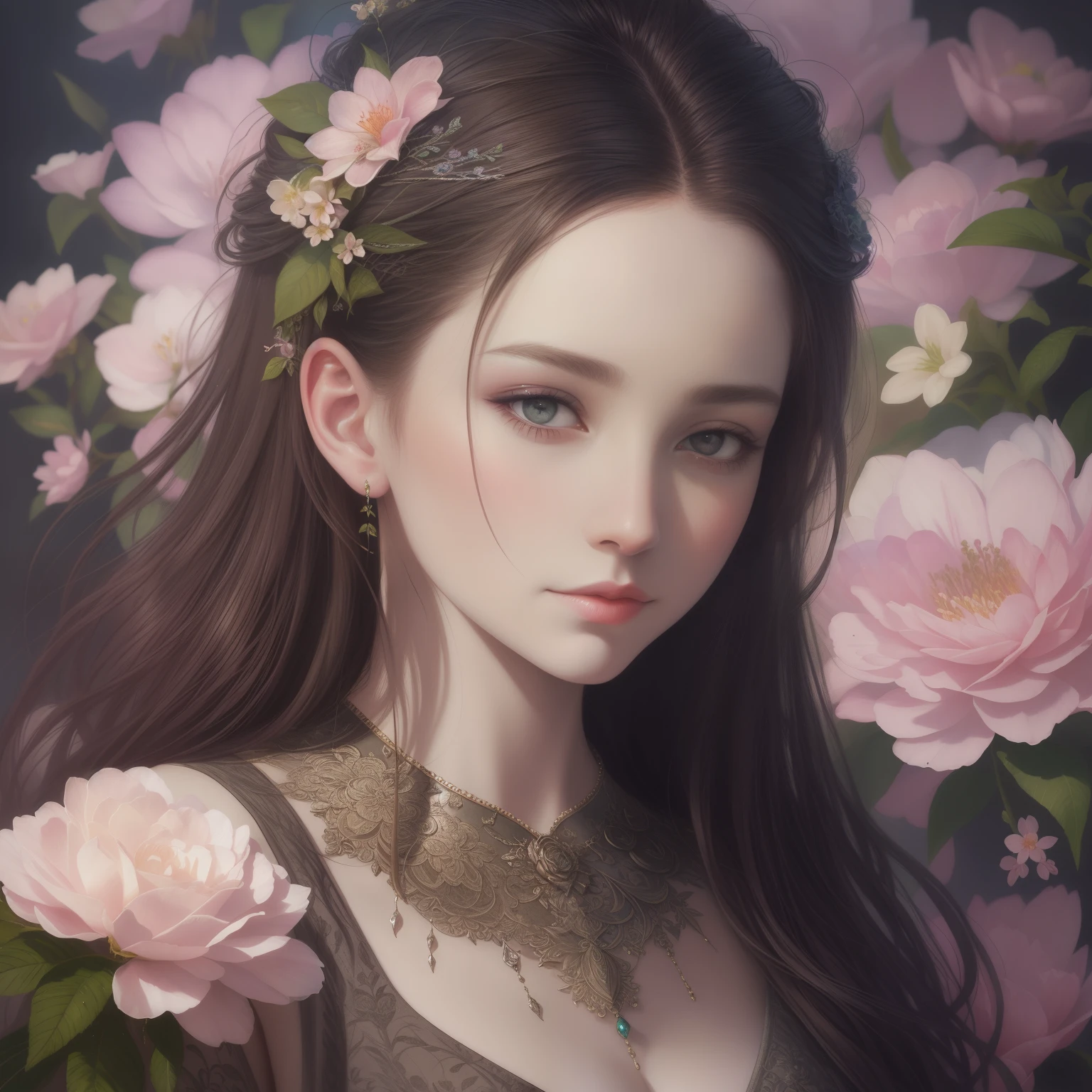 A botanical masterpiece in the style of Marco Mazzoni, Detailed, Hyper-realistic, Eremet in symbolism and surrealism, MSE painting Agnes Cecil's Renaissance Woman, luminous design, PastelColors, ink drips, Spring light, intricate designs, Intertwined, Beautiful Renaissance Woman, Flowers, pastel