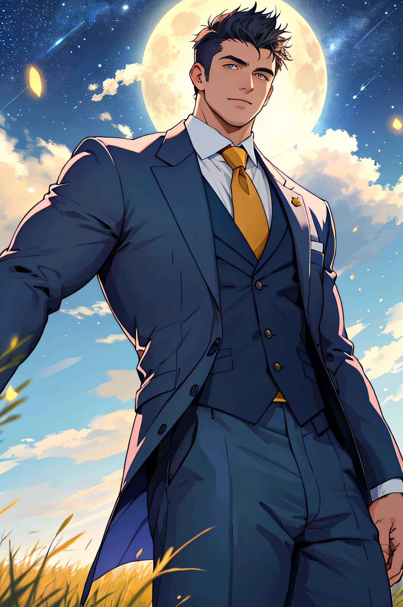 Draw a full-fledged footballer，Standing on the steppe at night，Quiet and comfortable background，He wears the same suit as the country's president，The suit fits perfectly，rays of sunshine，cheerful big breasts，Handsome，eyes with brightness，The man looks confident and determined，looking-down，Crew cut，full bodyesbian，Stars dot the sky，shooting from below，Big moon highlights background