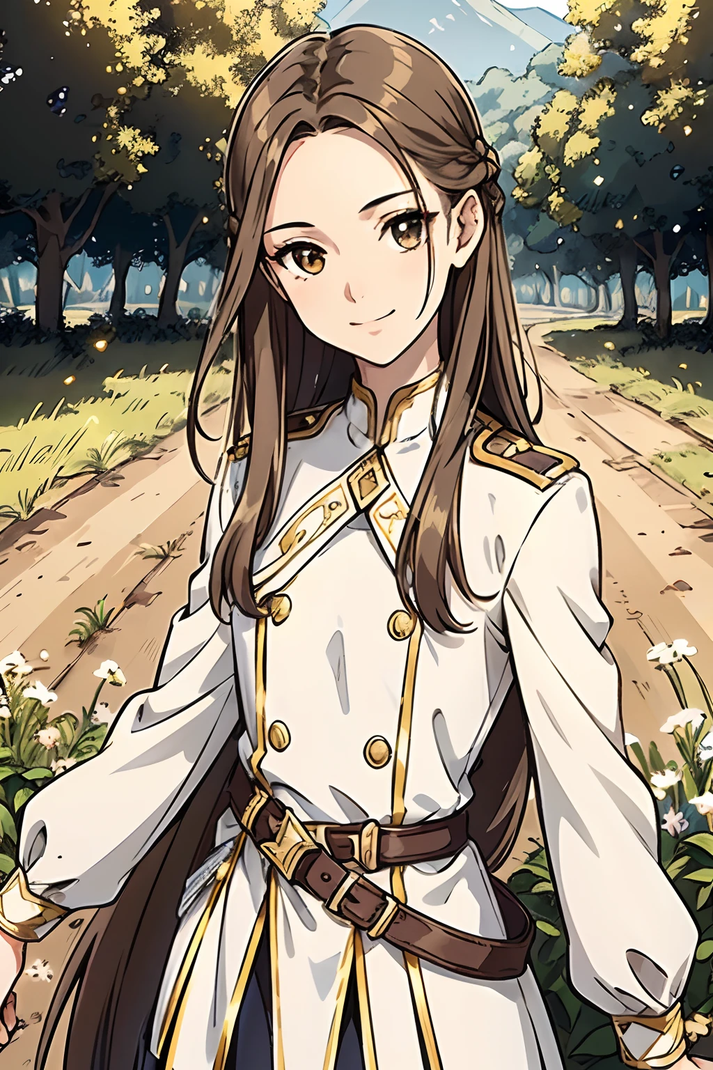 Adventurers Uniform, white and gold clothing 20 years, European face structure, German face structure, light brown hair, short to mid long hair, beautiful hair, straight hair, brown eyes, striking light brown eyes, natural beauty, smile, small chest, masterpiece, fields background, dirt path background, adventurer world