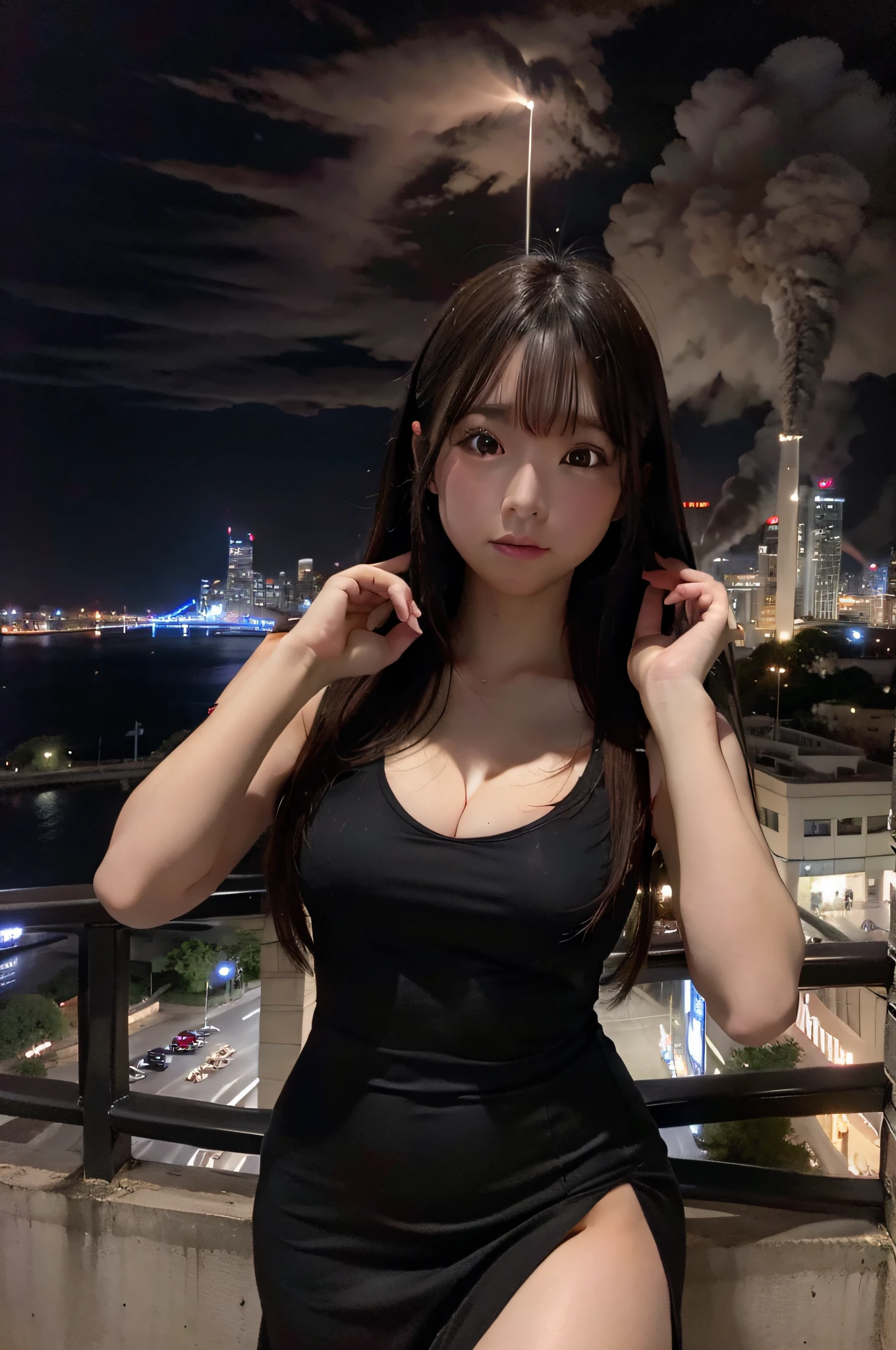Giantess usando vestido curto, GTS cidade do ano 3000, City buildings, smoke billowing, nuvem, tornado, raios, Evil, realistic lighting, salto em altura, de baixo,