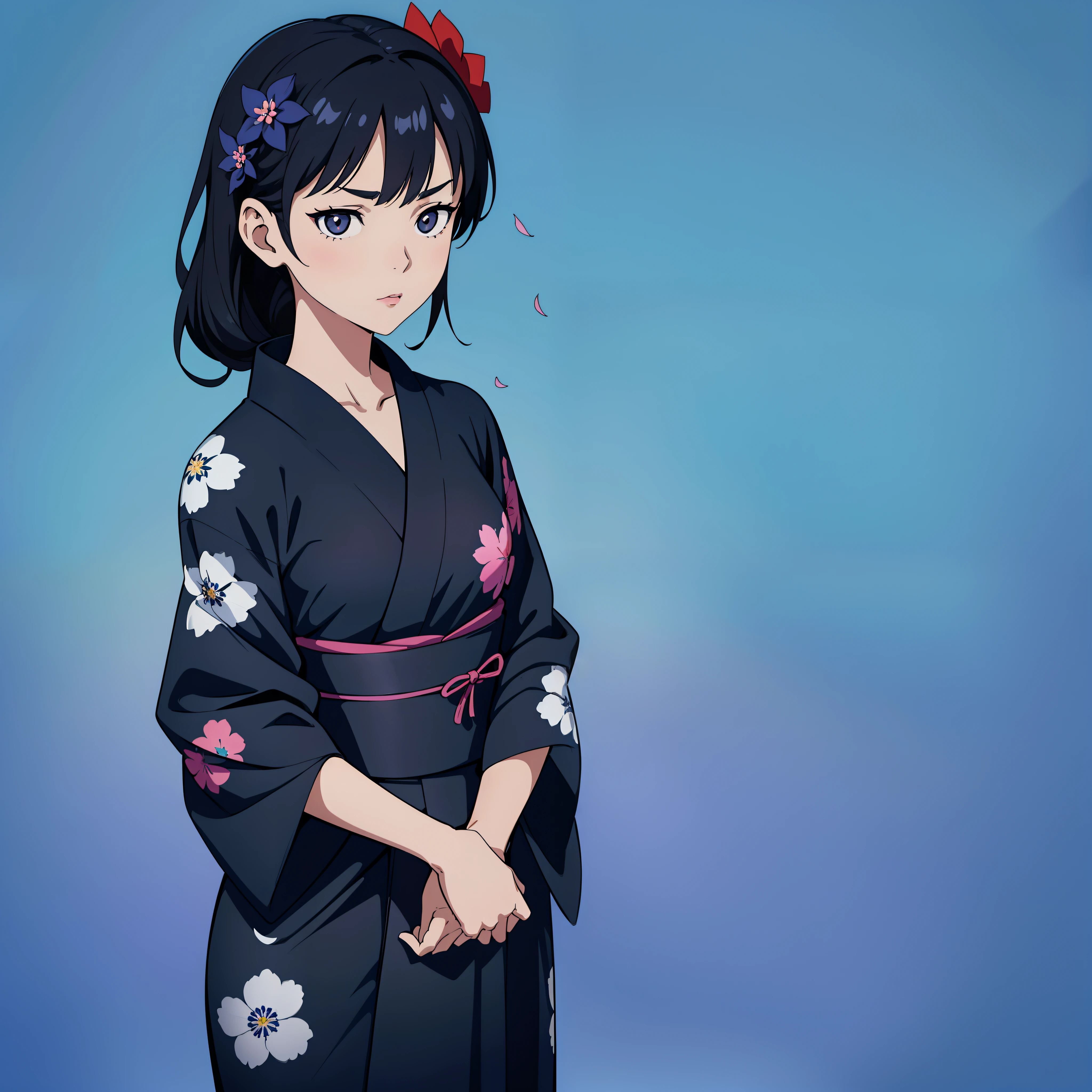 A single anime woman is looking at the camera, with black eyes and black tied up hair, wearing a navy blue flower petal printed yukata, is standing in front of a absolute icy blue background and is curiously looking at the camera with one of her eyebrow up in curiosity. This is a promotional picture. She is alone. SFW.