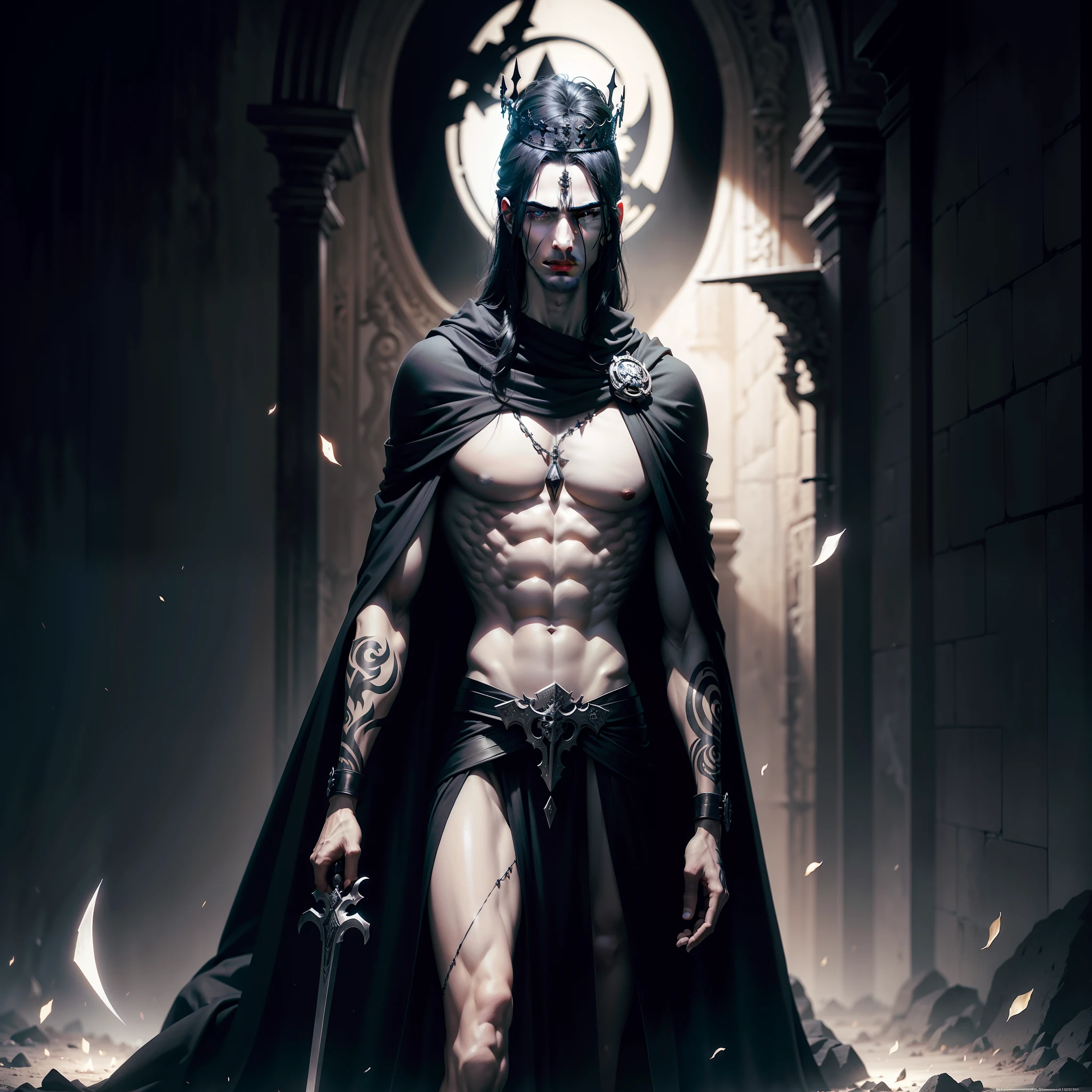 Greek God Thanatos as a young man with pale skin and black hair. He is tall and slender, and his eyes are black. His body is covered in tattoos, and he wears a crown of thorns. His face is beautiful, but it is also cold and emotionless. He has a fine mouth and full lips, and his nose is straight and fine. His eyes are big and dark. He wears a long white robe that trails on the ground. The tunic is adorned with images of snakes and skulls. He wears a black cloak over his shoulders, and a crown of thorns on his head. He carries a sword in his right hand. The sword is long and sharp, and is made of black obsidian. Background a field of black flowers. Full moon lighting.
