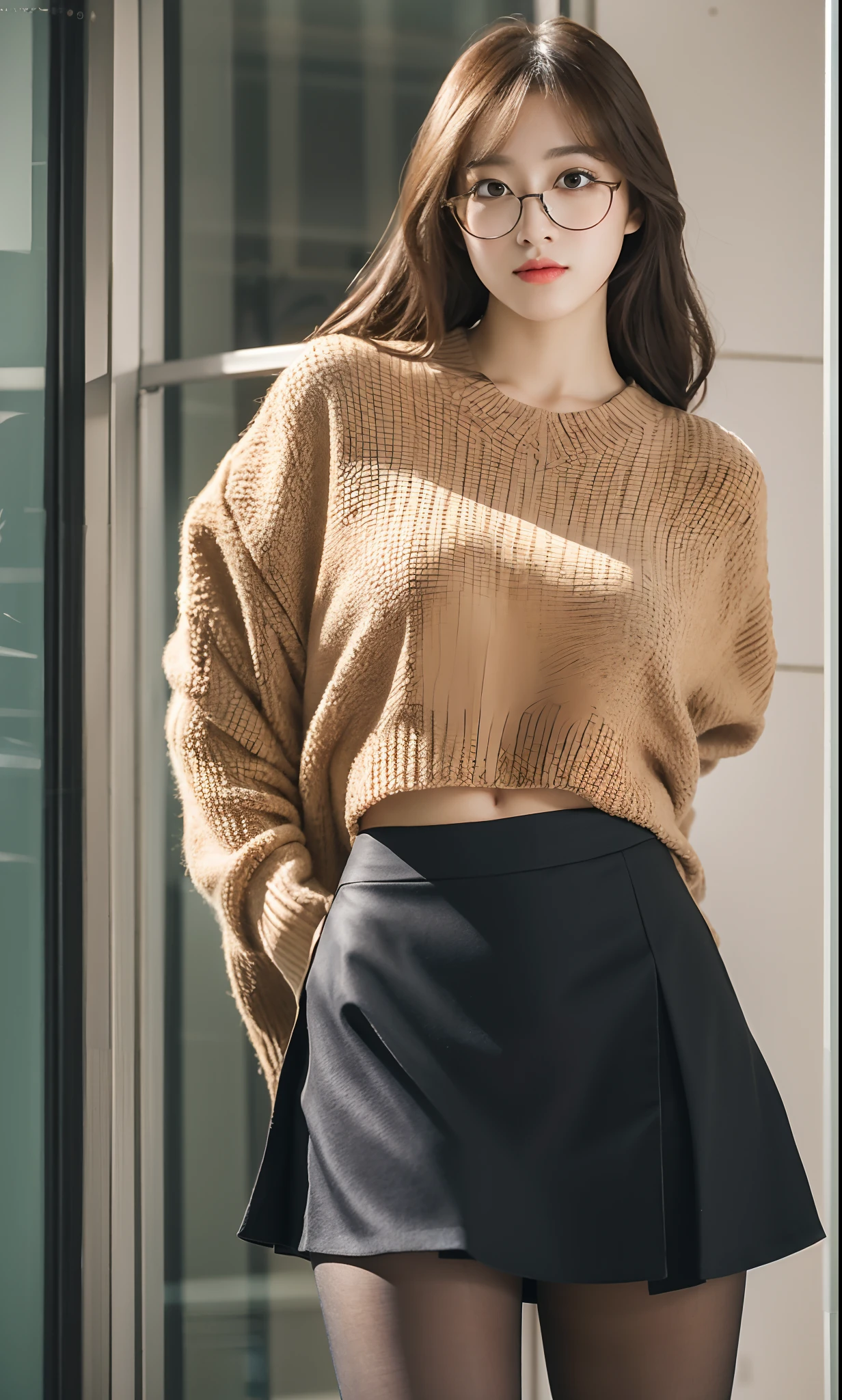 (8KHigh resolution), (Highest quality), (RAW Image Quality),(Tabletop:1.2), (Realistic), (Realistic:1.37), Long eyelashes,Exquisite(Live-action Realistic style),((Cowboy Shot:1.4))、((Shooting from below:1.5))、The ultimate face,Realistic light and shadow,Distinctive facial features,Milky skin,,((Women with short cut hair:1.5))、((Accurate fingering:1.5))、Taking the best portrait,Close-range shooting,Very detailed, one person, cute,Beautiful and beautiful eyes, Beautiful and sophisticated nose, Very detailed肌,whole body ,(eye contact)、(Beautiful face with double eyelids),((whole body image)), (Realism: 1.4),High resolution, Great details, ultra High resolution, (Show your best smile to the audience), , Favorite Details, High condensation,Delicate and beautiful face,,,(Beautiful Face 1.4),thin, ((High-necked peach-colored long knit sweater:1.4))、((A brown checkered pleated skirt that accentuates your thighs:1.4)),((Do not slip the hem of the sweater inside the skirt、Long sleeve:1.2)),((Life:1.7)),Photo taken indoors,(This is a whole body shot.),The color of the sweater is random、((smile:1.5))、
