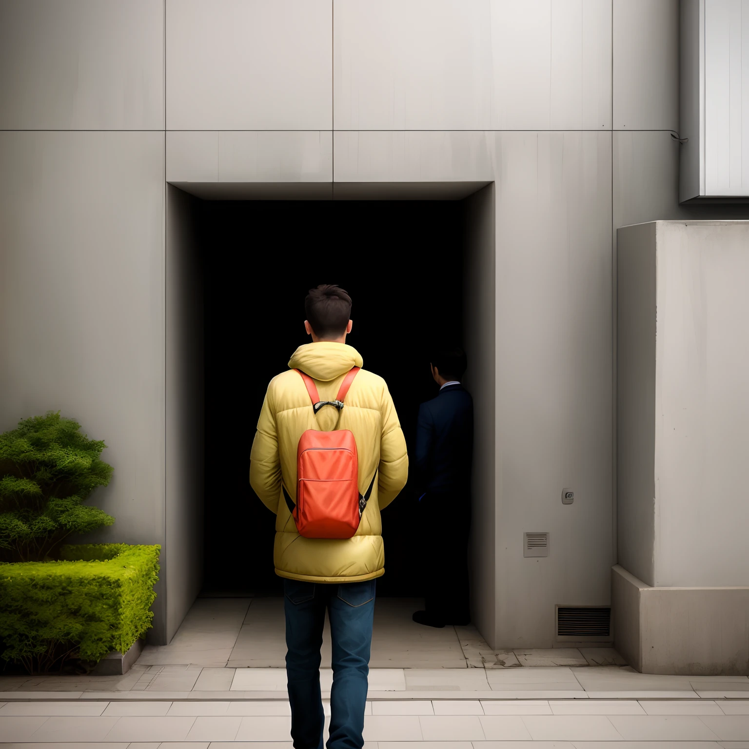 A man hides behind a wall，Secretly observe another person