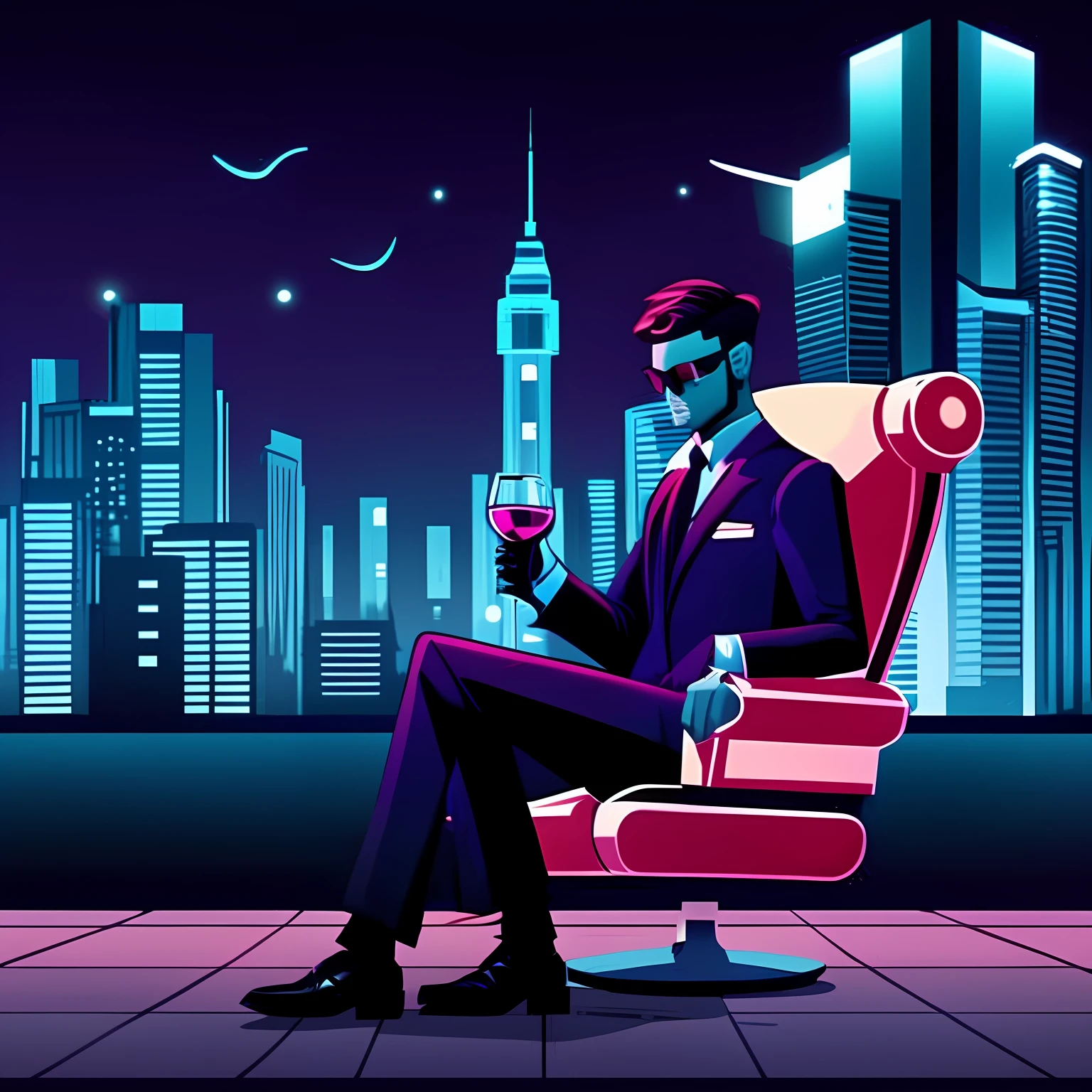 A man in a suit sits in a chair，With a glass of wine, neo noir style, neo - noir style, beaten tech. neo noir style, neo - noir setting, kilian eng vibrant colours, cyberpunk ????, Black inverse wave, kilian eng vibrant colours, Futuristic black, synthwave city, Stylized digital illustration, virtual metaverse room, neo noir