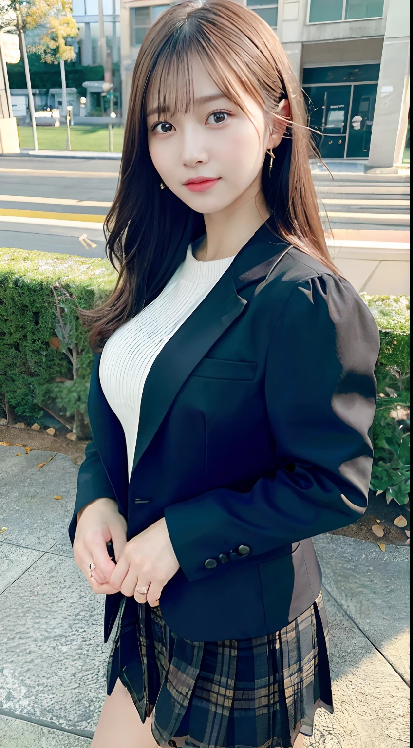best quality, masterpiece, 1girl, Beautiful face, (photo realistic:1.3), rim lighting, (high detailed skin:1.2), 8k uhd, dslr, high quality, high resolution, 4k, 8k, Bokeh,  absurdres, best ratio four finger and one thumb, (realistic:1.3), cute 1girl, wearing black formal blazer, medium breasts, short skirt,