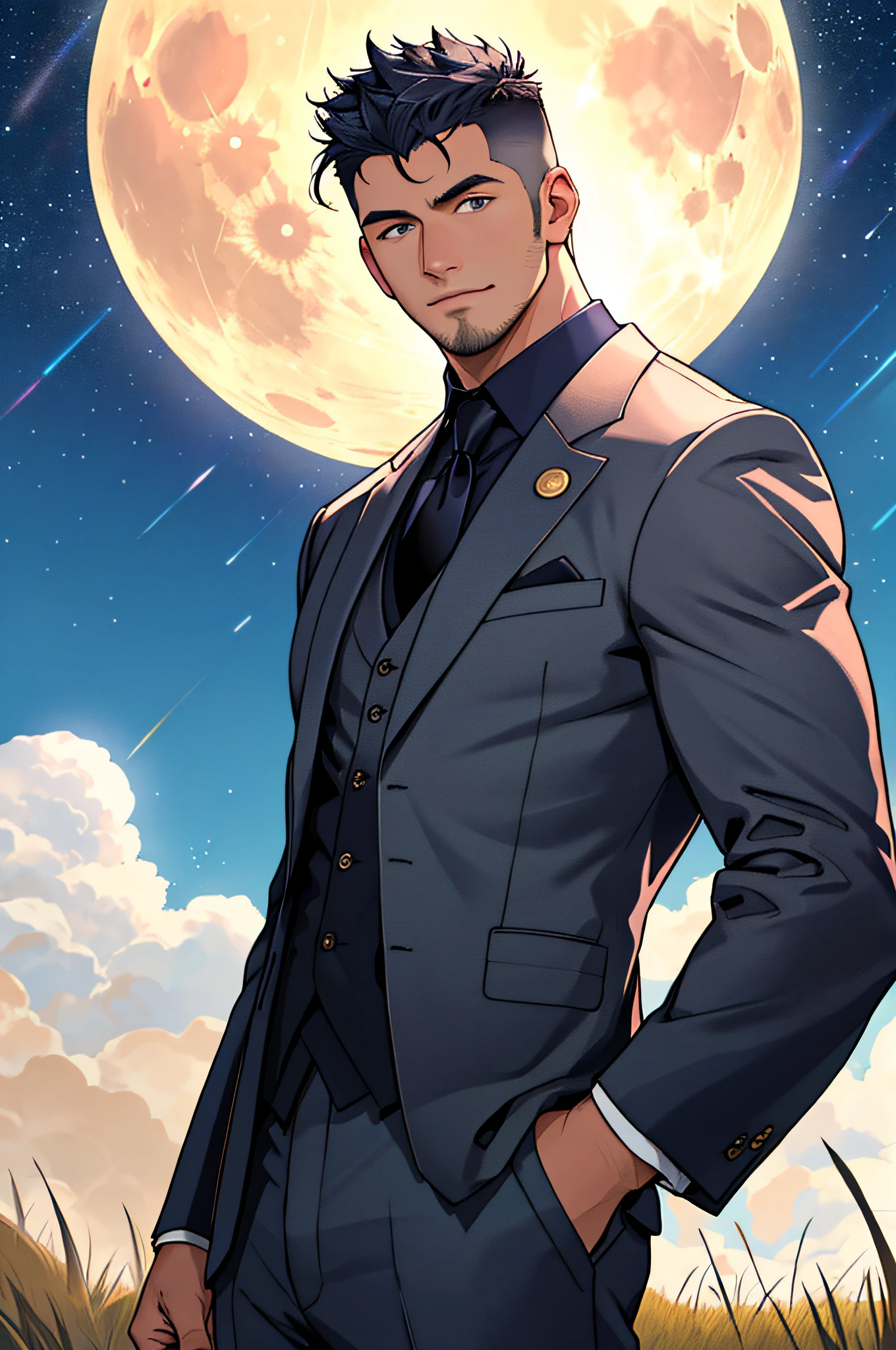 Draw a full-fledged footballer，Standing on the steppe at night，Quiet and comfortable background，He wears the same suit as the country's president，The suit fits perfectly，rays of sunshine，cheerful big breasts，Handsome，eyes with brightness，The man looks confident and determined，looking-down，Crew cut，full bodyesbian，Stars dot the sky，shooting from below，Big moon highlights background