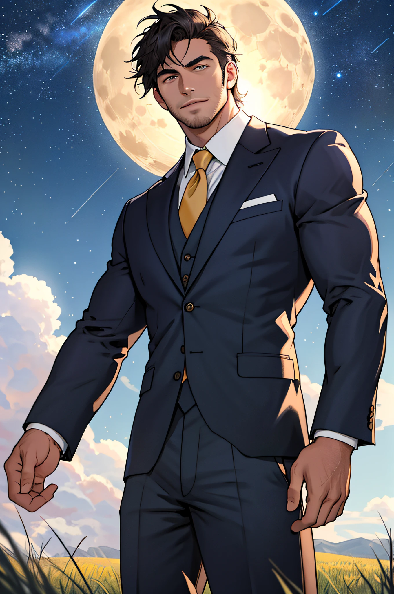 Draw a full-fledged footballer，Standing on the steppe at night，Quiet and comfortable background，He wears the same suit as the country's president，The suit fits perfectly，rays of sunshine，cheerful big breasts，Handsome，eyes with brightness，The man looks confident and determined，looking-down，Crew cut，full bodyesbian，Stars dot the sky，shooting from below，Big moon highlights background