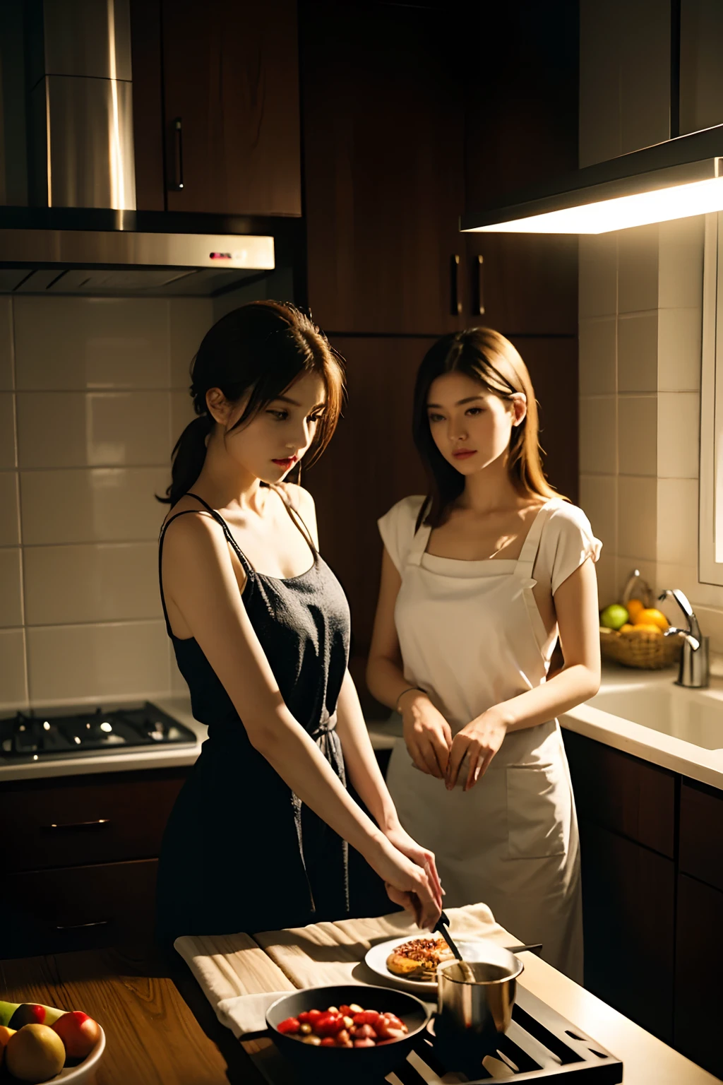 (a girl cooking in the kitchen, wearing sexy lingerie, emphasis on cleavage, cozy scene, looking down at the stove, best quality, masterpiece, 8k),(photorealistic, high detail, cinematic lighting, warm color tones, (soft skin:1.2),(beautiful detailed eyes:1.3),(beautiful detailed lips:1.3),extremely detailed face, longeyelashes, elegant posture, natural lighting from window, (window view in background:1.8), kitchen interior details, cooking utensils, wooden countertop)