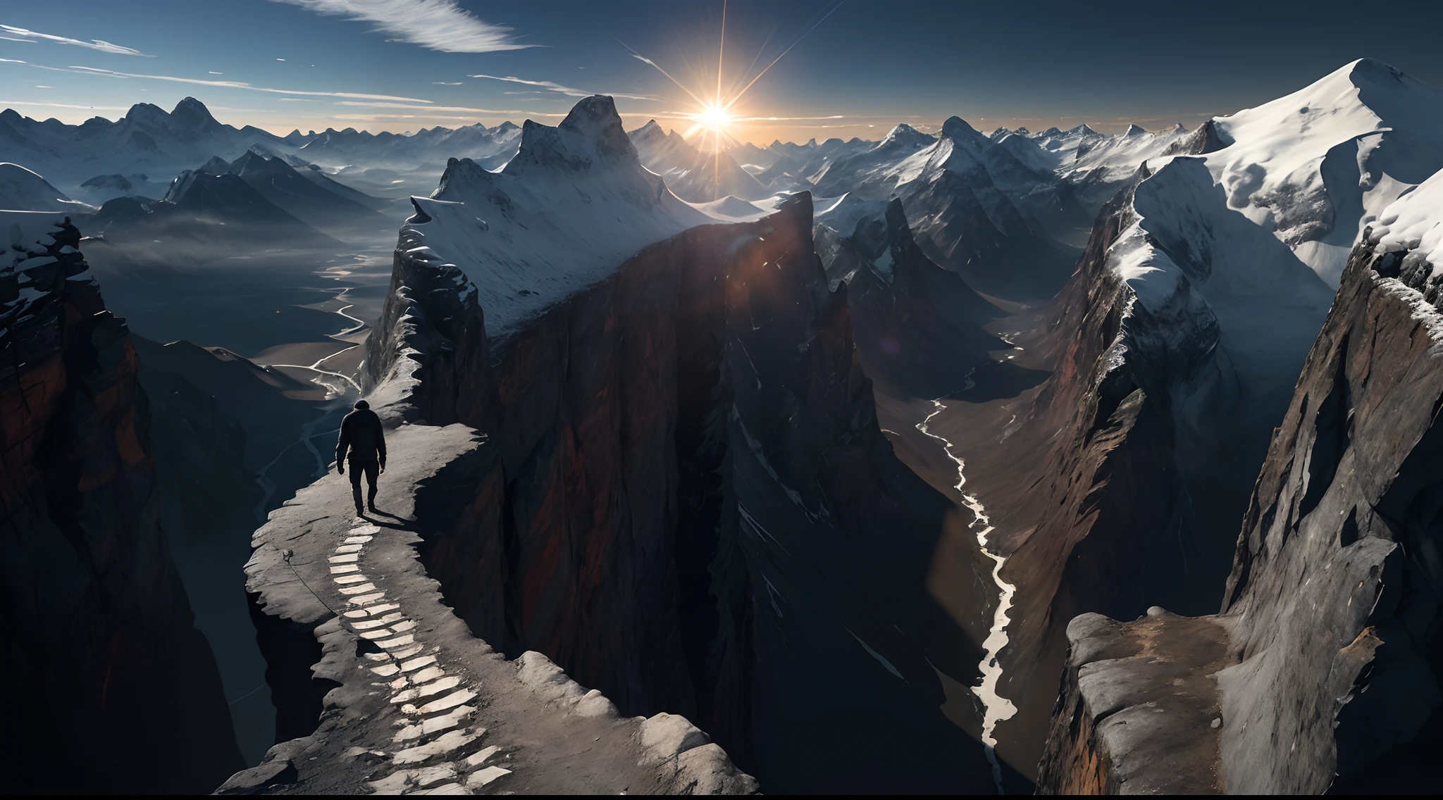 a man walks along a thin path on the sides of an abyss in front of mountains with the sun shining behind them
