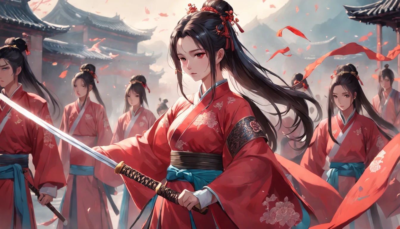 A woman in a red Chinese suit stands in front of a group of soldiers in armor with a sword。, Hold the hilt of the sword in your hand, xianxia fantasy, Wuxia, full-body wuxia, Hanfu, xianxia hero, inspired by Du Qiong, Chinese fantasy, three kingdom, Palace, A girl in Hanfu, Aegis, The costumes are exquisite, Beautiful face, Dignified, vibrancy, hair adornments, hyper HD, gallant woman, heroic look, Ginkgo biloba floating in the air, flame of war, Several arrows flew in the air, The background is a palace, Chiaroscuro, Cinematic lighting, Anatomically correct, Textured skin, Masterpiece, 4K