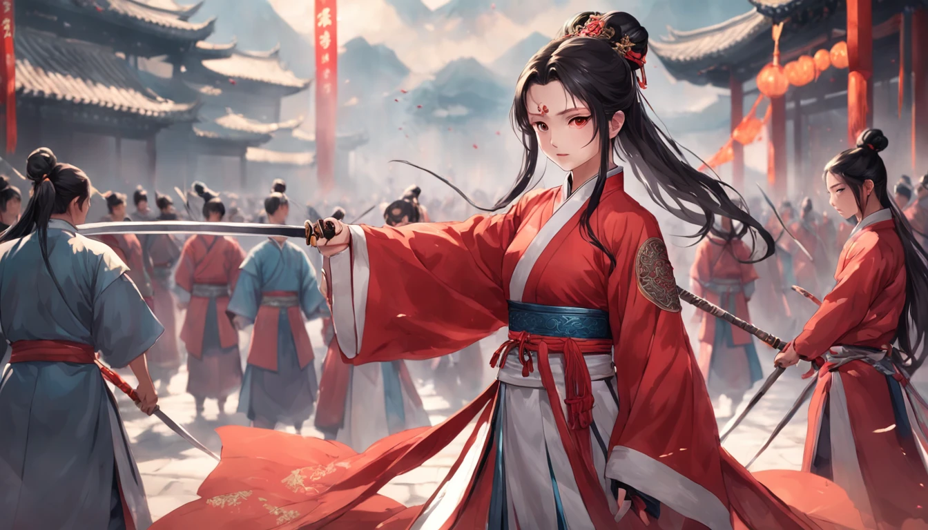 A woman in a red Chinese suit stands in front of a group of soldiers in armor with a sword。, Hold the hilt of the sword in your hand, xianxia fantasy, Wuxia, full-body wuxia, Hanfu, xianxia hero, inspired by Du Qiong, Chinese fantasy, three kingdom, Palace, A girl in Hanfu, Aegis, The costumes are exquisite, Beautiful face, Dignified, vibrancy, hair adornments, hyper HD, gallant woman, heroic look, Ginkgo biloba floating in the air, flame of war, Several arrows flew in the air, The background is a palace, Chiaroscuro, Cinematic lighting, Anatomically correct, Textured skin, Masterpiece, 4K