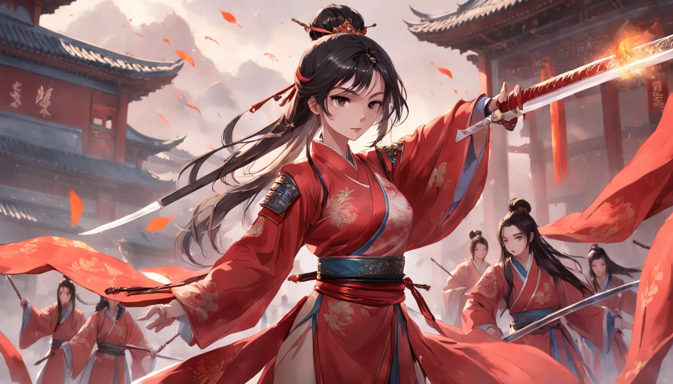 A woman in a red Chinese suit stands in front of a group of soldiers in armor with a sword。, Hold the hilt of the sword in your hand, xianxia fantasy, Wuxia, full-body wuxia, Hanfu, xianxia hero, inspired by Du Qiong, Chinese fantasy, three kingdom, Palace, A girl in Hanfu, Aegis, The costumes are exquisite, Beautiful face, Dignified, vibrancy, hair adornments, hyper HD, gallant woman, heroic look, Ginkgo biloba floating in the air, flame of war, Several arrows flew in the air, The background is a palace, Chiaroscuro, Cinematic lighting, Anatomically correct, Textured skin, Masterpiece, 4K