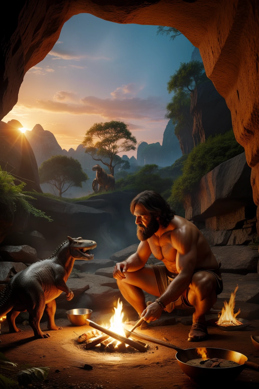 An intricate 8K ultra-realistic illustration depicting a prehistoric caveman clad in animal leather clothing, diligently preparing his meal over a crackling open flame. The caveman is seen stirring a primitive wooden spoon in a clay bowl placed atop the roaring fire. The scene is set outside a cave, with a backdrop of casually wandering dinosaurs against a crimson and orange sky. The environment is lush with native trees and creeping plants. This artwork aims to capture the essence of this prehistoric moment in utmost detail and realism.