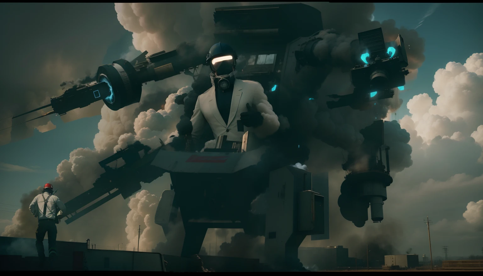 Blue sky, white clouds, Shots, explosions, fire;, Smoke detailing high quality 4K
