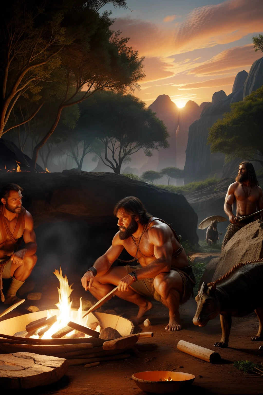 An intricate 8K ultra-realistic illustration depicting a prehistoric caveman clad in animal leather clothing, diligently preparing his meal over a crackling open flame. The caveman is seen stirring a primitive wooden spoon in a clay bowl placed atop the roaring fire. The scene is set outside a cave, with a backdrop of casually wandering dinosaurs against a crimson and orange sky. The environment is lush with native trees and creeping plants. This artwork aims to capture the essence of this prehistoric moment in utmost detail and realism.