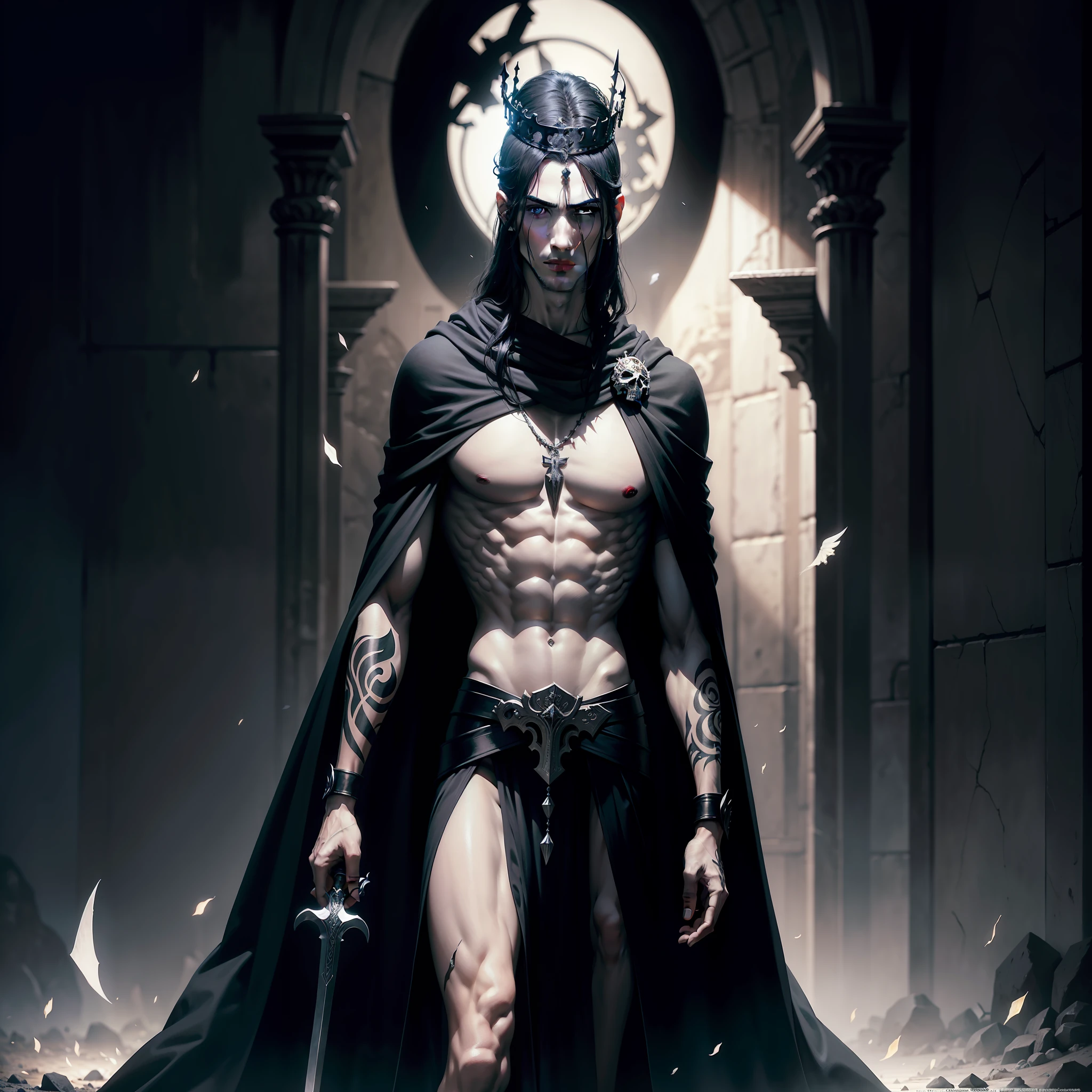 Greek God Thanatos as a young man with pale skin and black hair. He is tall and slender, and his eyes are black. His body is covered in tattoos, and he wears a crown of thorns. His face is beautiful, but it is also cold and emotionless. He has a fine mouth and full lips, and his nose is straight and fine. His eyes are big and dark. He wears a long white robe that trails on the ground. The tunic is adorned with images of snakes and skulls. He wears a black cloak over his shoulders, and a crown of thorns on his head. He carries a sword in his right hand. The sword is long and sharp, and is made of black obsidian. Background a field of black flowers. Full moon lighting.