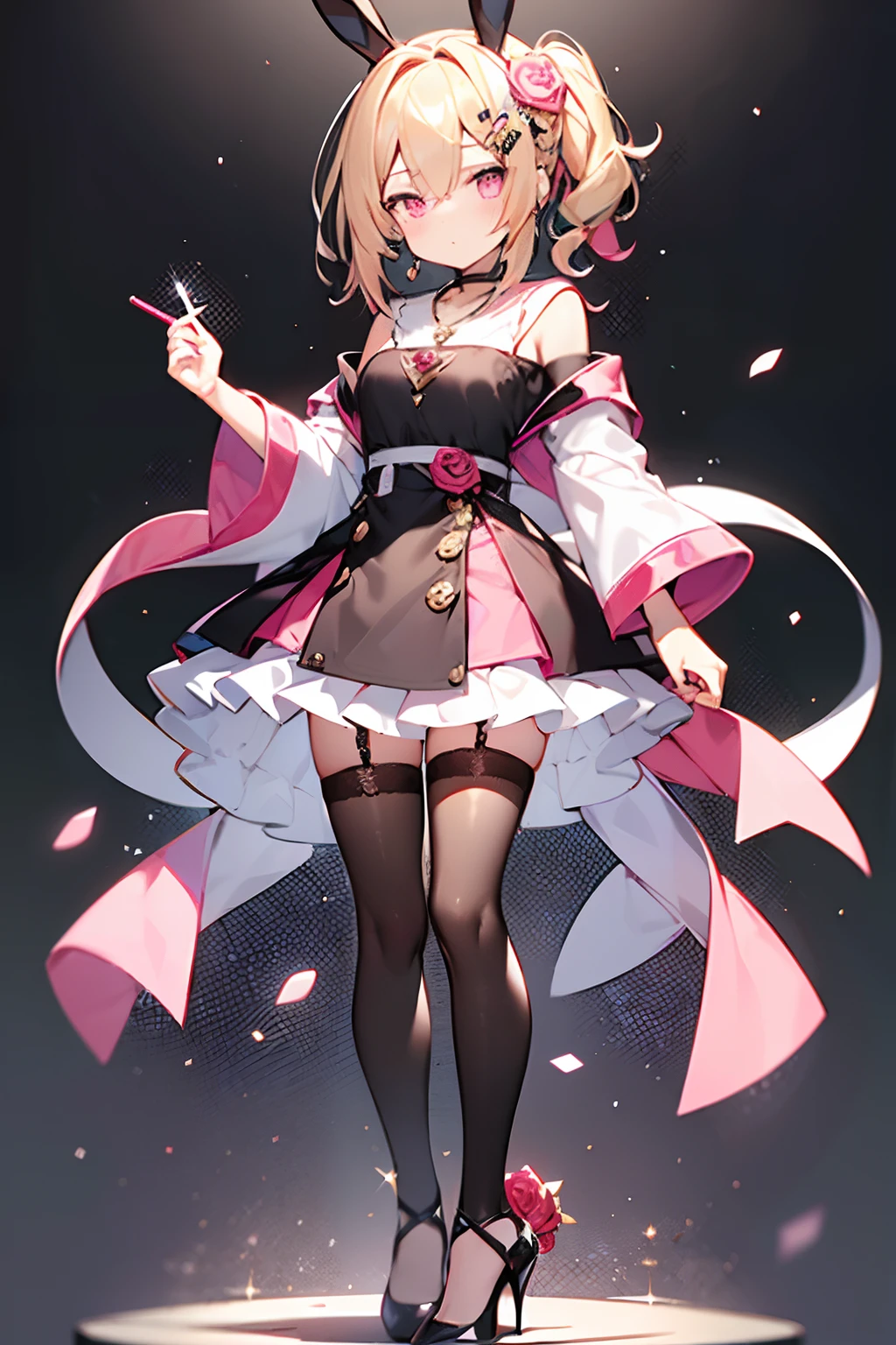 ((masutepiece, Best Quality)), maidennurse, Standing Full Body Main View、blondehair, double ponytails, Pink eyes, Bangs between the eyes、Black rabbit ears, Black white and rose red clothes, clothing style: doress, Rose hair ornament、Pink Rose, Crystal Pendant, Black High Heels, White stockings、Little Girl、a short skirt、Nero