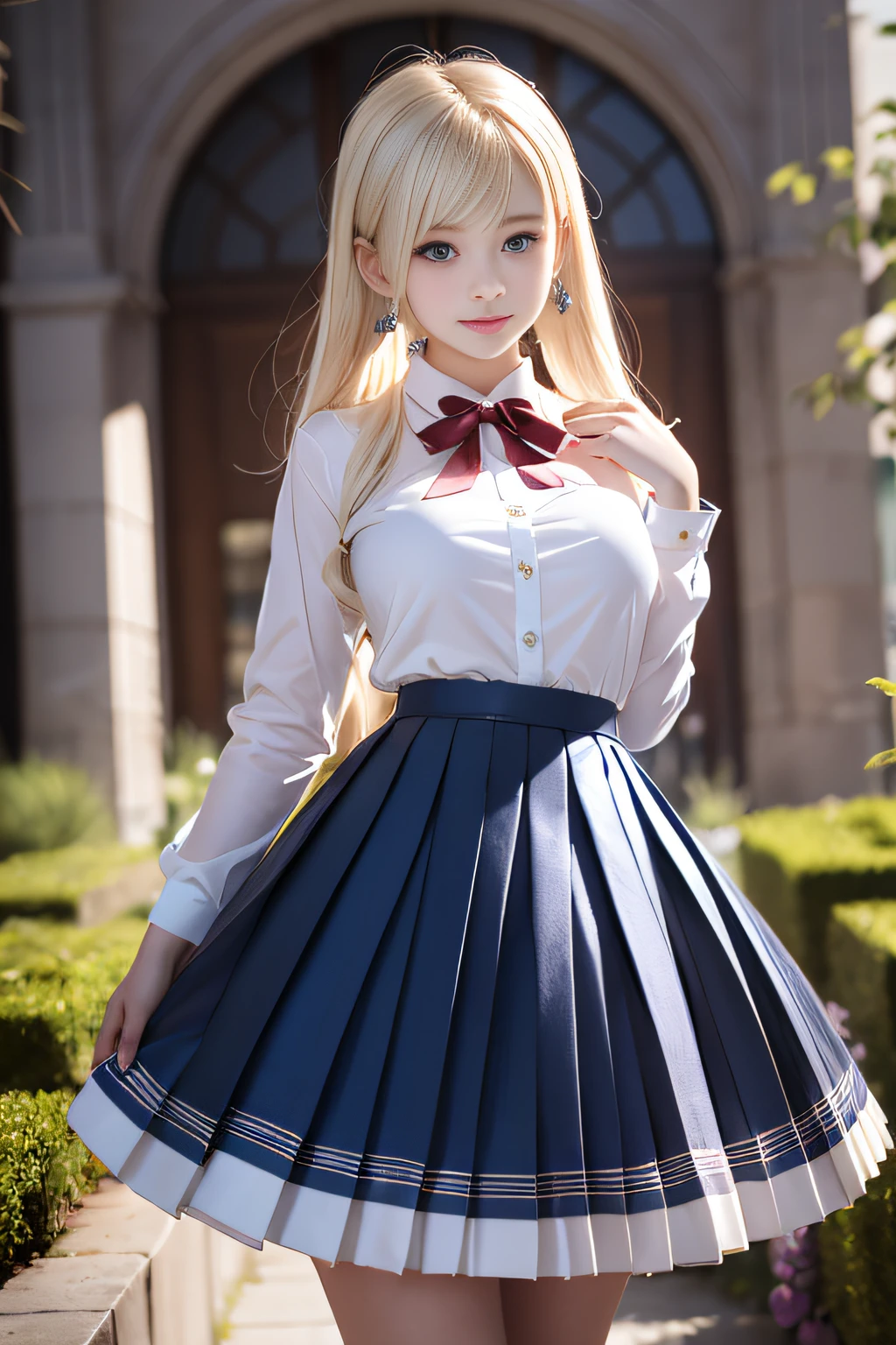 bright expression、poneyTail、Young shiny shiny white shiny skin、Best Looks、Blonde reflected light、Platinum blonde hair with dazzling highlights、shiny light hair,、Super long silky straight hair、Beautiful bangs that shine、Glowing crystal clear attractive big blue eyes、Very beautiful nice cute 16 year old girl、Lush bust,Beautiful detailed eyes, beautiful detailed nose,(( Full body:1.25)),Makeup that the eyes emphasize、((Pleated skirt with many folds)),(Women like Joan of Arc)、s Armor、Knights, With a sword and shield，Royal style，Comic style, , Sub-surface scattering, ornate detail, nature backdrop, Hyper-realistic, Cinematic, Dramatic Lighting, masutepiece