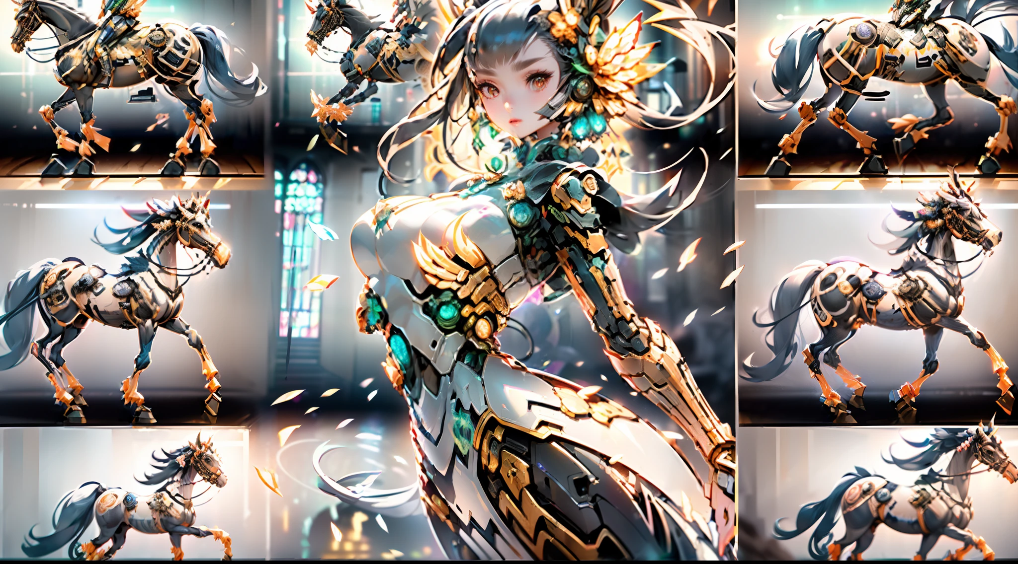 In the vastness of the multiverse，A legendary being stands proudly，She is in the limelight。She is a unique female Centaur，Has a stunning form。The upper part of her body shows the grace of a beautiful female human，The lower part incorporates the unique charm of the female half-horse，Create a stunning picture like no other。Her head、The neck and shoulders are feminine，It made her face exude nobility and mystery。Elegant arcs outline her neck，The smooth lines transform the horse's head into a feminine face。Above her horse body，It is a fascinating female body，Tall and sexy。K cup teardrop-shaped huge chest and slim waist、Butterfly-like wide buttocks and slender thighs complement each other。Her lower body blends with the elegance of a horse，And this convergence is a magnificent initiative based on future technology。Start at her waist，The torso part of the horse becomes soft and curvy，It seems to be a perfect combination of horses and female humans。Mechanized armor covered her four horse legs，Gives her grace and power to her body lines。The length proportions of each horse's leg are cleverly harmonized，The lines are slender and toned。Her feet were towering"skyscraper heels"，Give her more confidence and charm。Her whole body is a miracle of art and technology，Light wings spread out behind her，Shimmering with the mysterious light of the universe。The halo crown above her head emits a neon-like rainbow light，It seems to be a goddess in the universe。A delicate texture covered her chest、Waist and abdomen、Hips and head，Give her a streamlined aesthetic，Complements the sense of harmony and unity of future technology。Against the background of the starry sky of the universe，Her figure is so eye-catching。Surreal scenes，Her harmonious and wonderful appearance，Shine in a cyberpunk atmosphere。It's a beautiful picture of the future，She soars in the vastness of time and space with an unparalleled posture。
