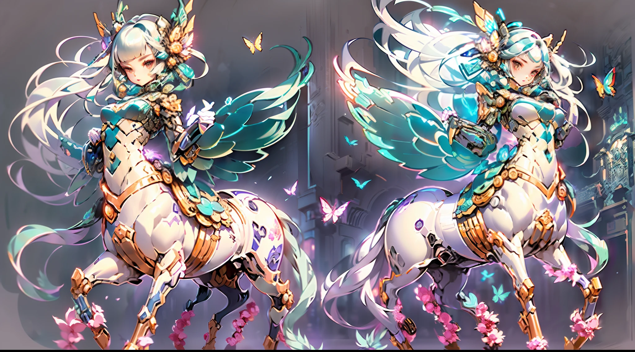 In the vastness of the multiverse,A legendary being stands proudly,She is in the limelight。She is a unique female Centaur,Has a stunning form。The upper part of her body shows the grace of a beautiful female human,The lower part incorporates the unique charm of the female half-horse,Create a stunning picture like no other。Her head、The neck and shoulders are feminine,It made her face exude nobility and mystery。Elegant arcs outline her neck,The smooth lines transform the horse's head into a feminine face。Above her horse body,It is a fascinating female body,Tall and sexy。K cup teardrop-shaped huge chest and slim waist、Butterfly-like wide buttocks and slender thighs complement each other。Her lower body blends with the elegance of a horse,And this convergence is a magnificent initiative based on future technology。Start at her waist,The torso part of the horse becomes soft and curvy,It seems to be a perfect combination of horses and female humans。Mechanized armor covered her four horse legs,Gives her grace and power to her body lines。The length proportions of each horse's leg are cleverly harmonized,The lines are slender and toned。Her feet were towering"skyscraper heels",Give her more confidence and charm。Her whole body is a miracle of art and technology,Light wings spread out behind her,Shimmering with the mysterious light of the universe。The halo crown above her head emits a neon-like rainbow light,It seems to be a goddess in the universe。A delicate texture covered her chest、Waist and abdomen、Hips and head,Give her a streamlined aesthetic,Complements the sense of harmony and unity of future technology。Against the background of the starry sky of the universe,Her figure is so eye-catching。Surreal scenes,Her harmonious and wonderful appearance,Shine in a cyberpunk atmosphere。It's a beautiful picture of the future,She soars in the vastness of time and space with an unparalleled posture。