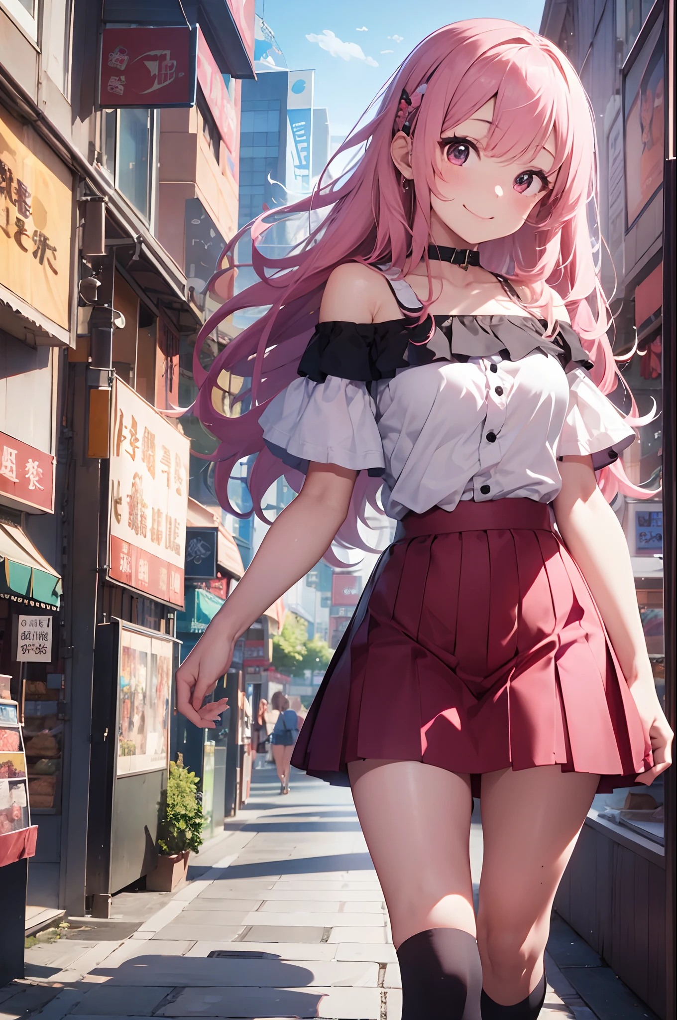 hight resolution, top-quality, ultra-quality, The ultra-detailliert, lighting like a movie、White camisole、a heer nipples 、In the street、1girl in,Colossal 、Exposing the chest、Skirt Lift Up、Small pink panties、