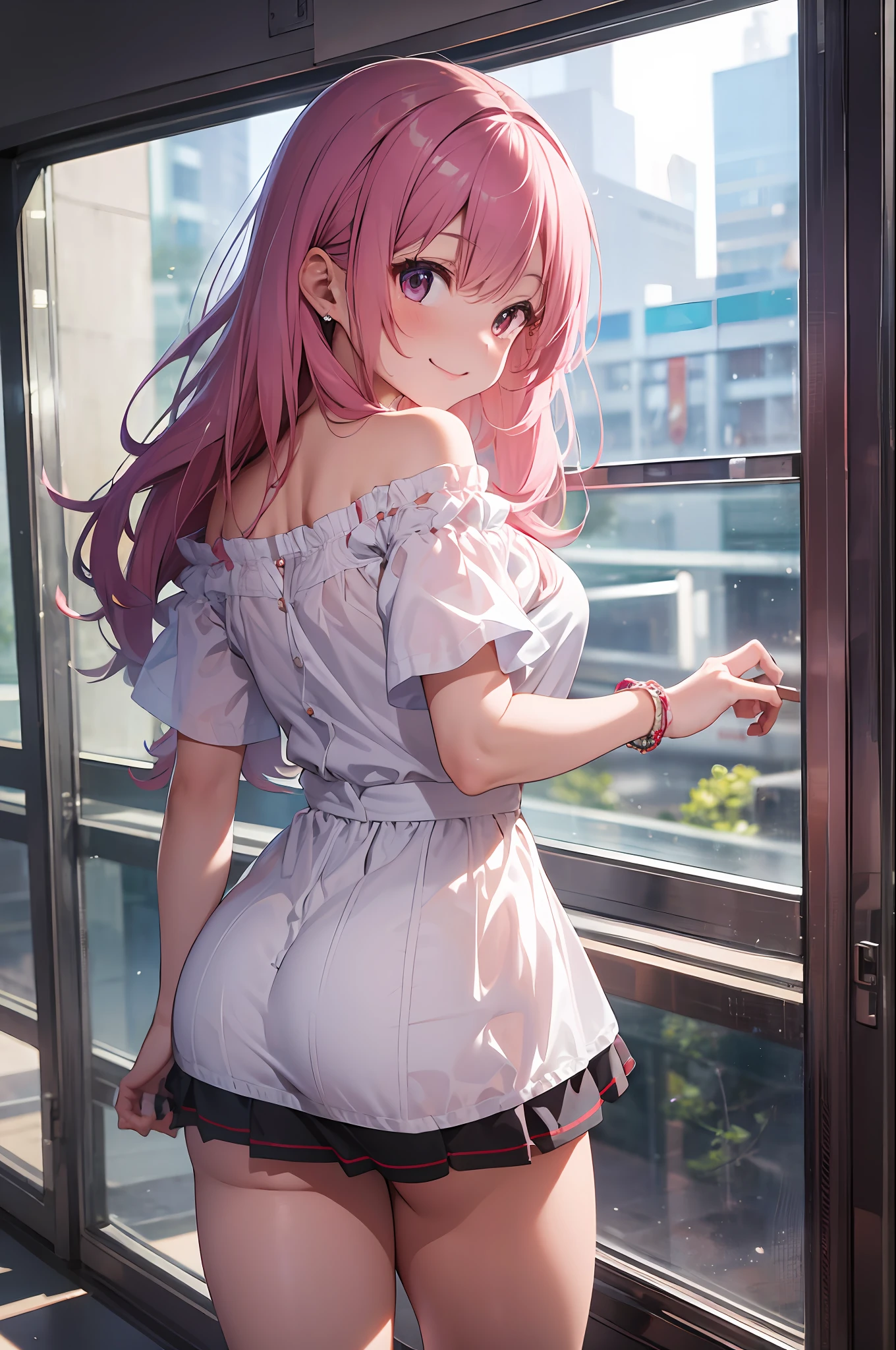(8K, Raw photography, top-quality, masterpiece:1.2), 1girl in, 3 d,A pink-haired、The long-haired、posterior view、Off-shoulder short sleeve blouse、backless、flare miniskirt、Asian, shopping mall、A smile、