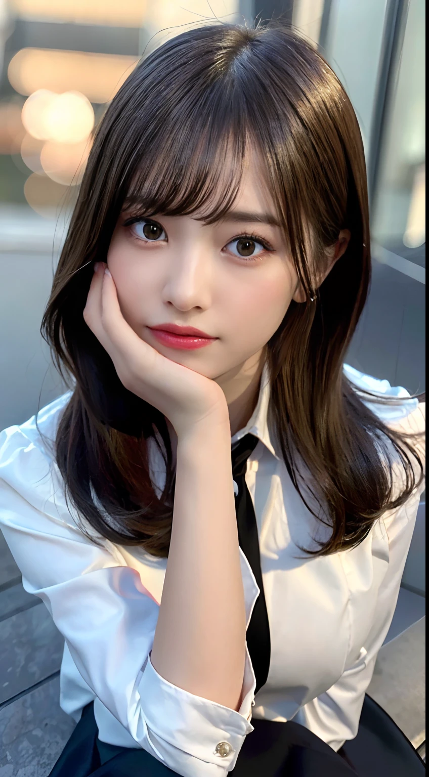 best quality, masterpiece, 1girl, Beautiful face, (photo realistic:1.3), rim lighting, (high detailed skin:1.2), 8k uhd, dslr, high quality, high resolution, 4k, 8k, Bokeh,  absurdres, best ratio four finger and one thumb, (realistic:1.3), cute 1girl, wearing black formal blazer, medium breasts, short skirt,