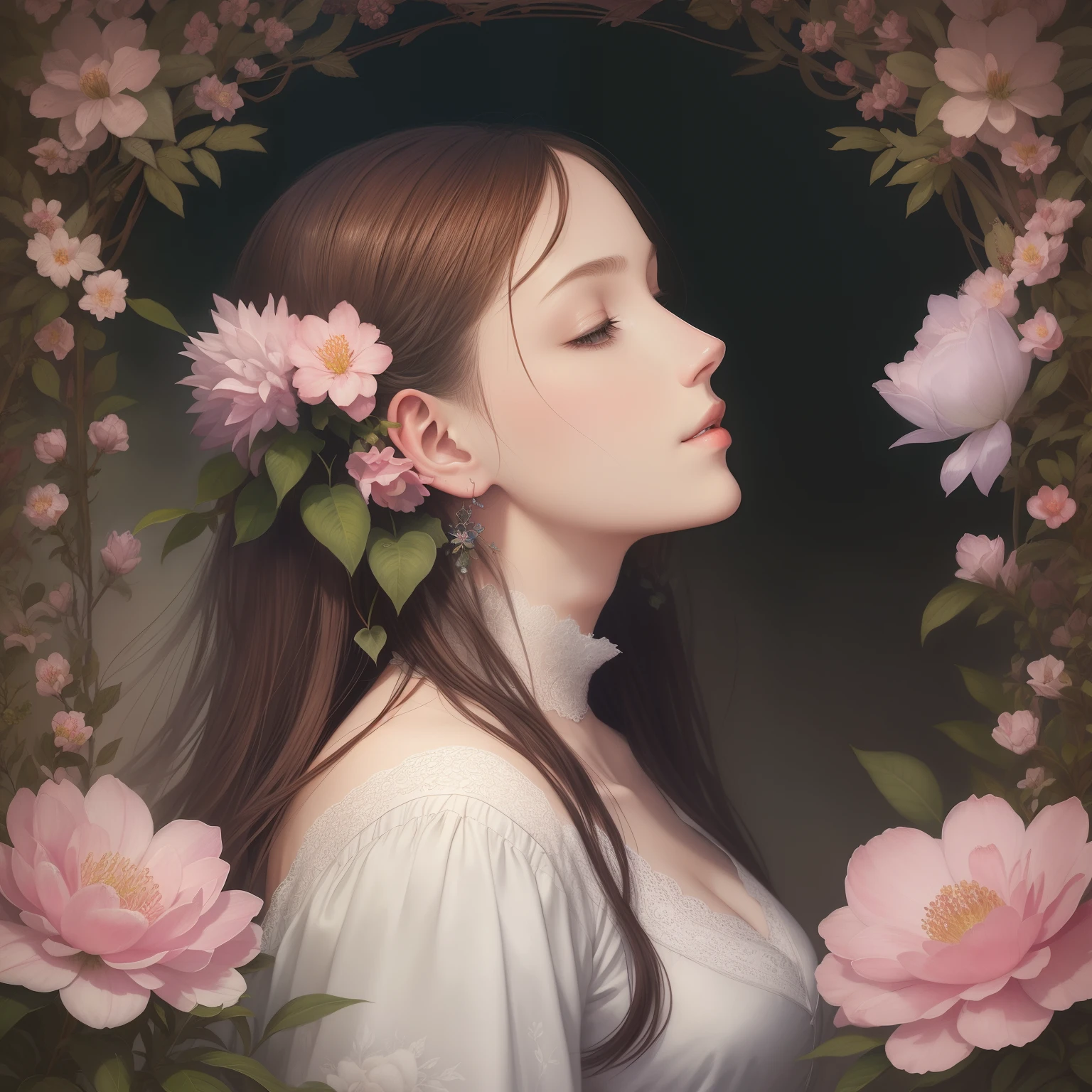 A botanical masterpiece in the style of Marco Mazzoni, Detailed, Hyper-realistic, Eremet in symbolism and surrealism, MSE painting Agnes Cecil's Renaissance Woman, luminous design, PastelColors, ink drips, Spring light, intricate designs, Intertwined, Beautiful Renaissance Woman, Flowers, pastel,profile