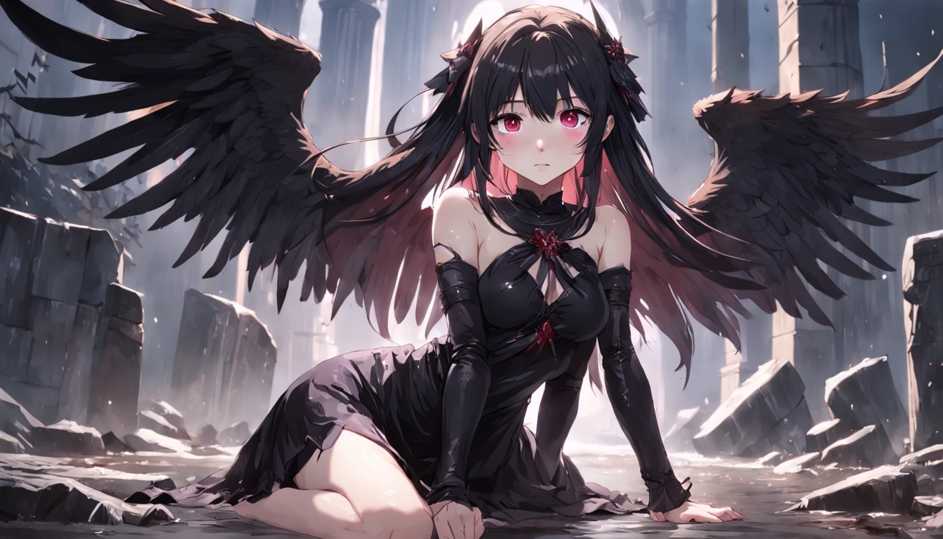 Nude, young, flatchested, rape, forced sex, crying, scared, chained up, full body shot, long jet black hair, ruby red eyes, sweaty, wet, 2 tone hair, black and red hair, black feathery wings, fallen angel, glowing eyes, in a cage, bird cage