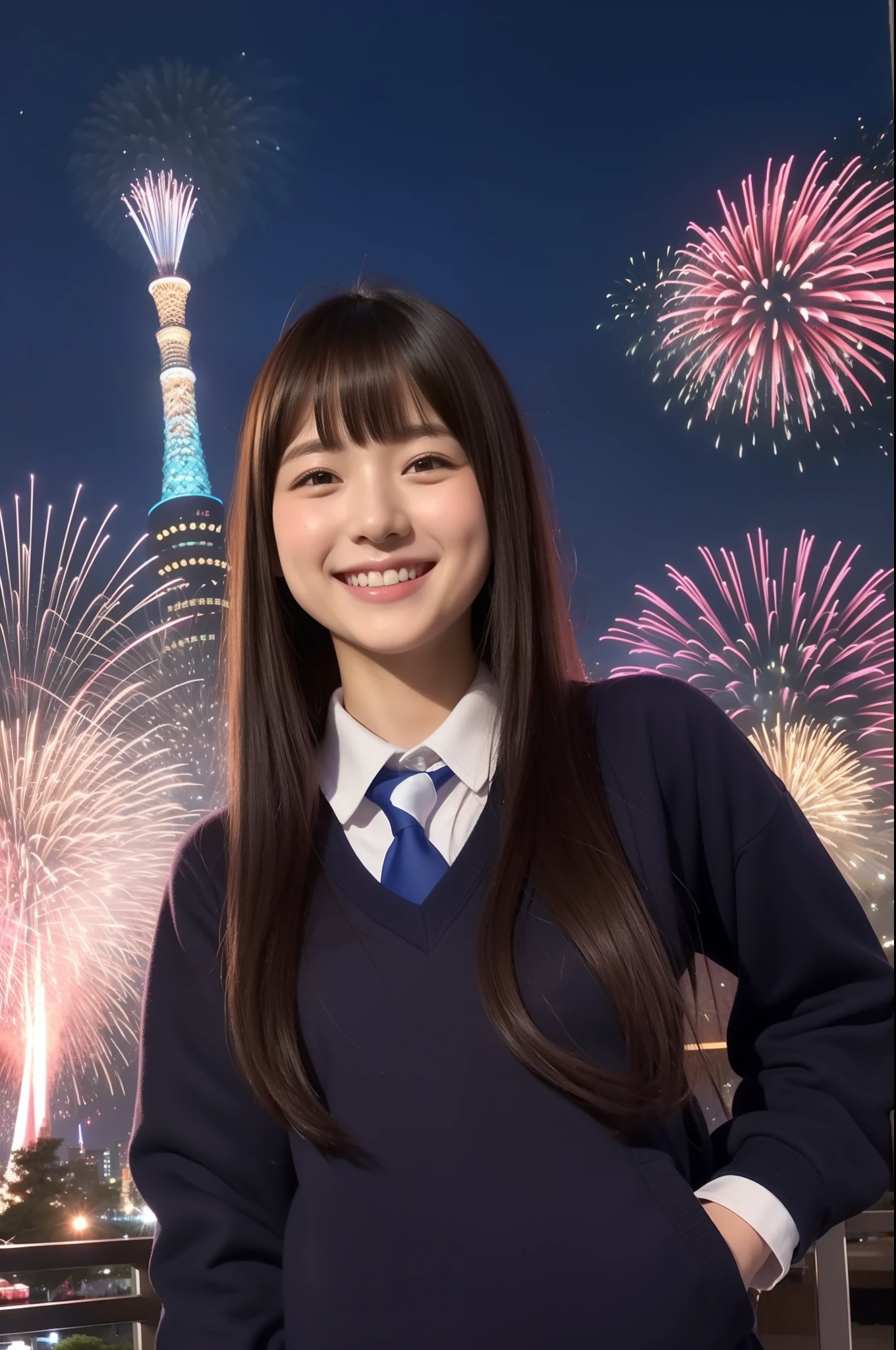 A smile、hi-school girl、校服、While doing fireworks、mare、Tokyo Skytree、cherry trees